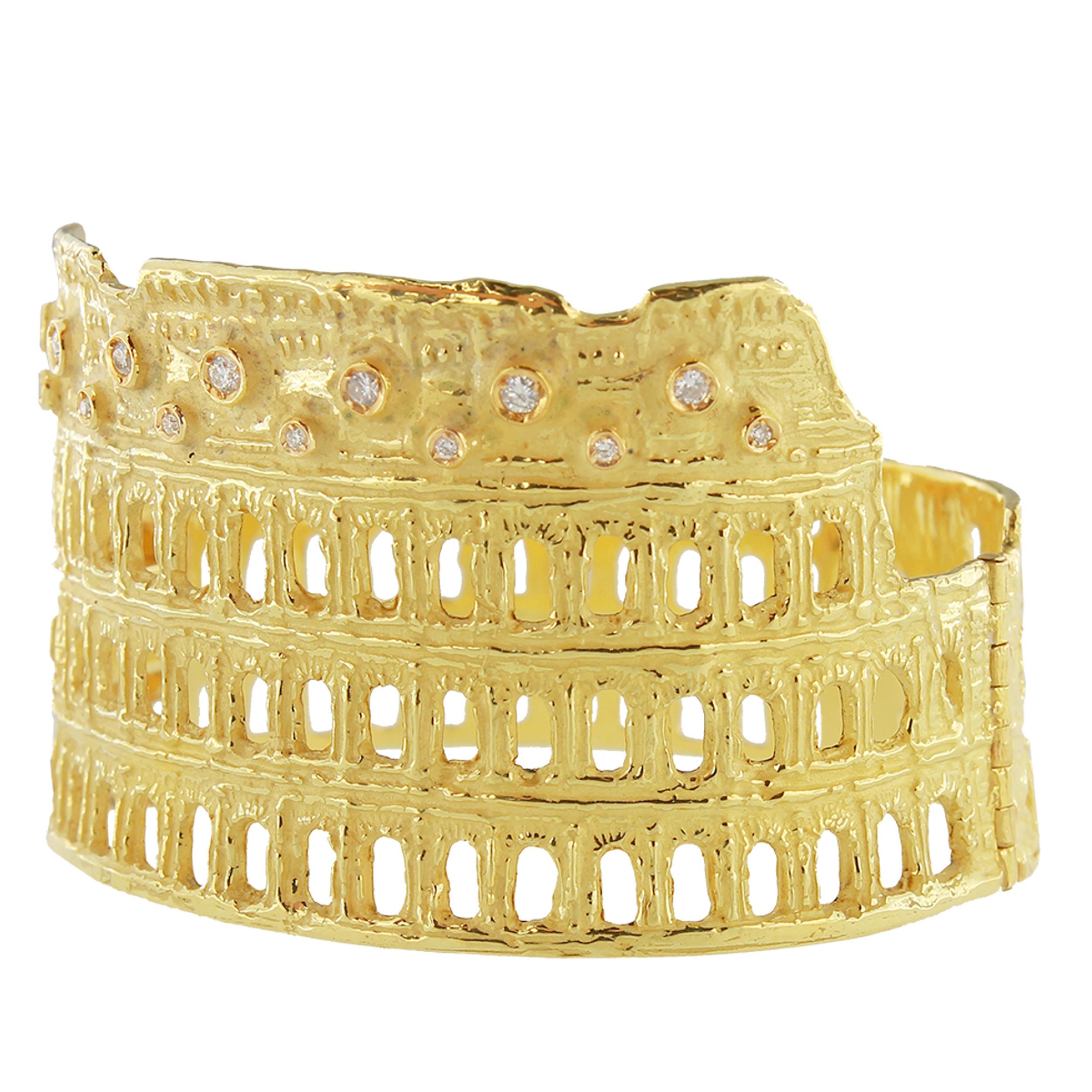Unique Roman Colosseum Satin Yellow Gold and Diamonds Cuff Bracelet, from Sacchi’s Rome Collection, hand-crafted with lost-wax casting technique.

Lost-wax casting, one of the oldest techniques for creating jewelry, forms the basis of Sacchi's
