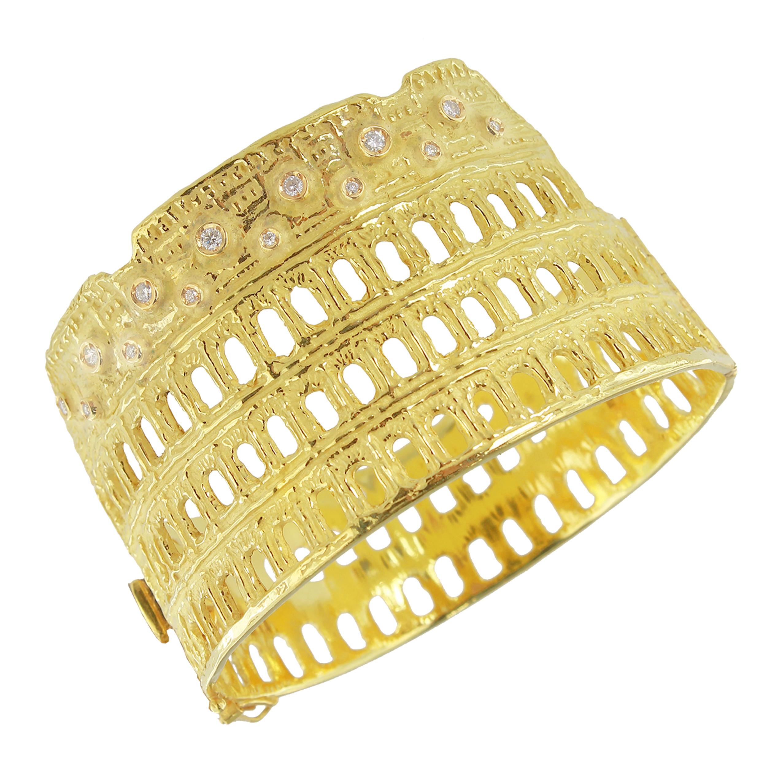 Sacchi Roman Colosseum Diamonds Gemstone Cuff Bracelet 18 Karat Yellow Gold For Sale