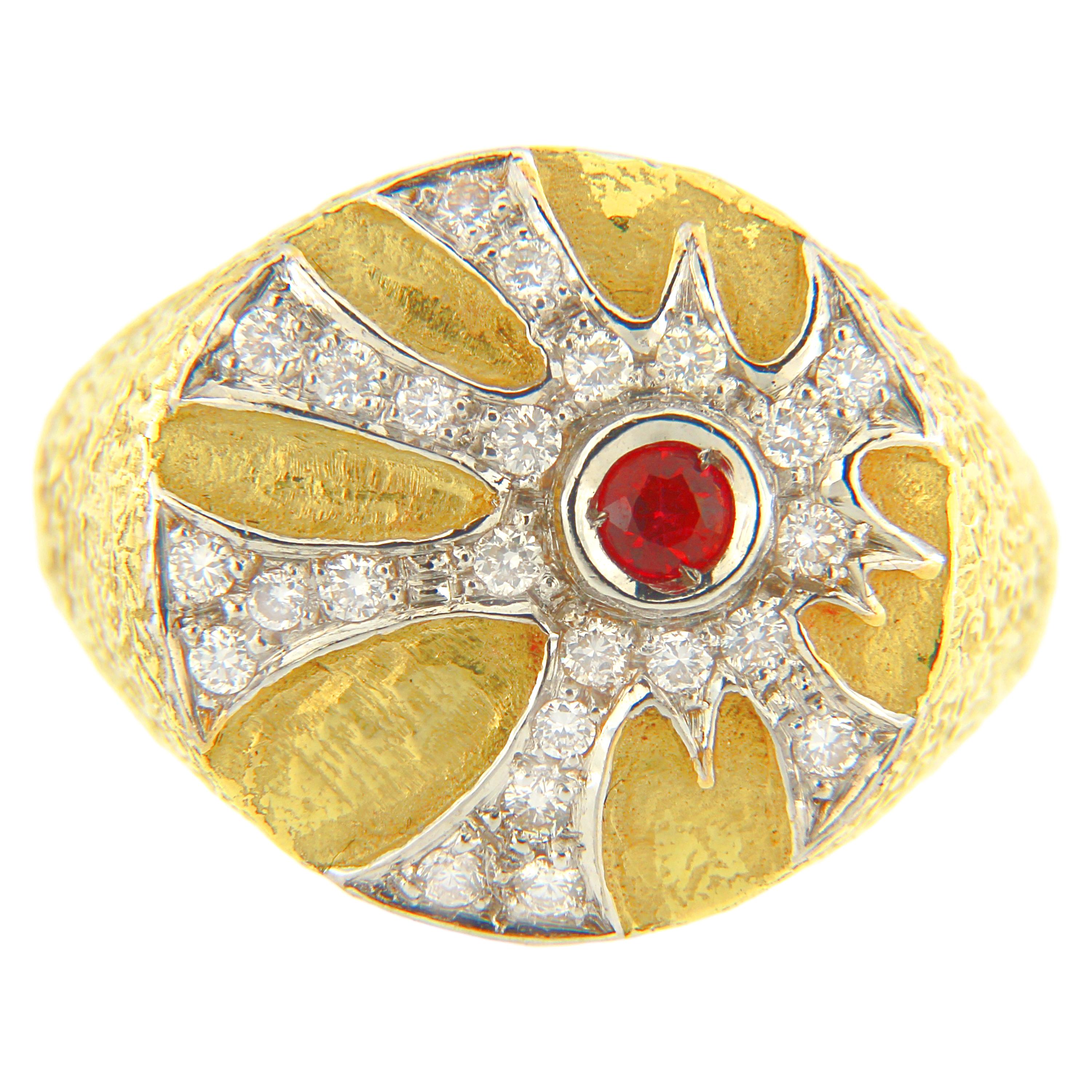 Exquisite Ruby and Diamonds Satin Yellow Gold Cocktail Ring, from Sacchi’s 