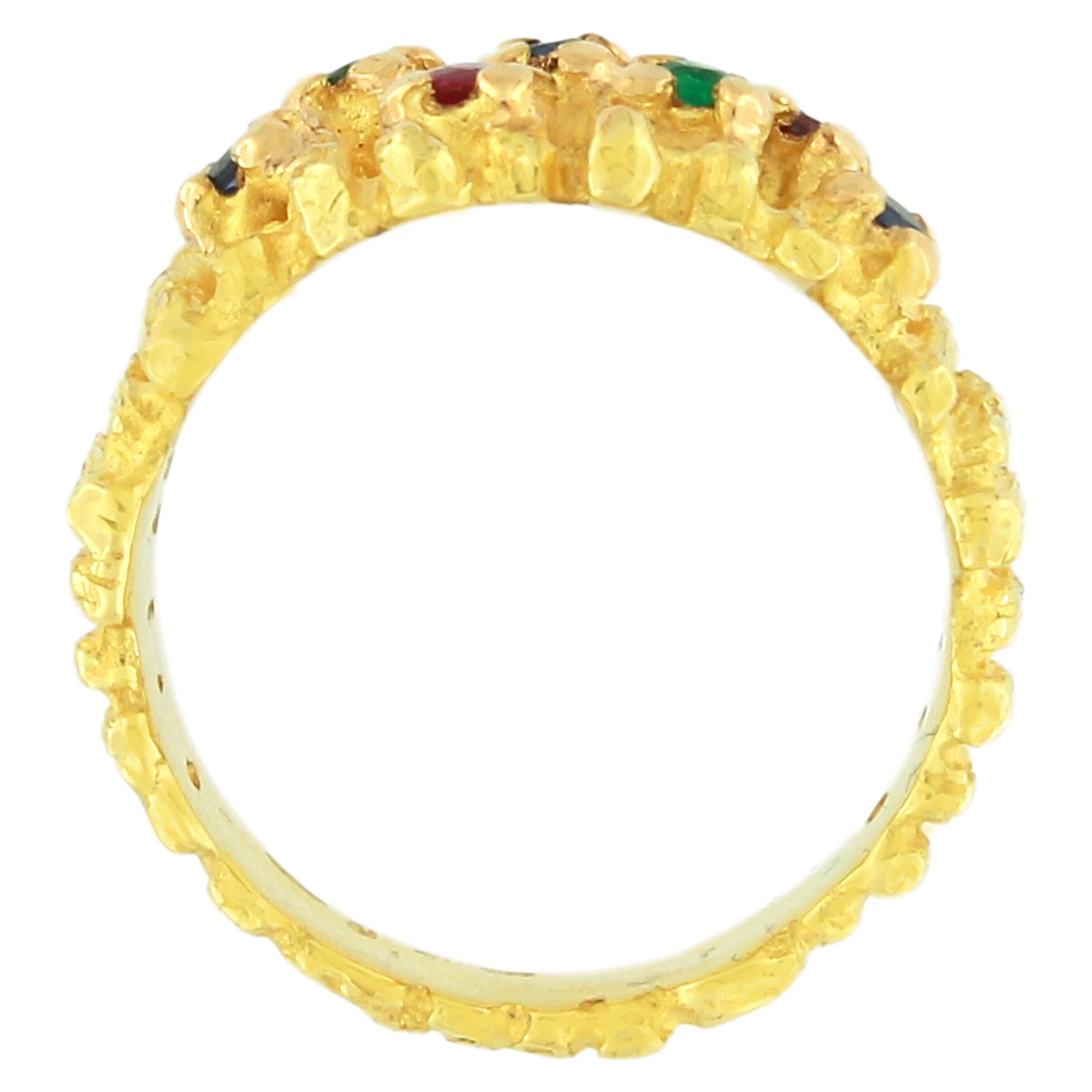 Contemporary Sacchi Ruby Emerald and Blue Sapphire Gemstone 18 Karat Gold Cocktail Ring For Sale