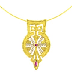 Sacchi "Saint Peter's Square" 18 Karat Yellow Gold Ruby and Diamonds Necklace