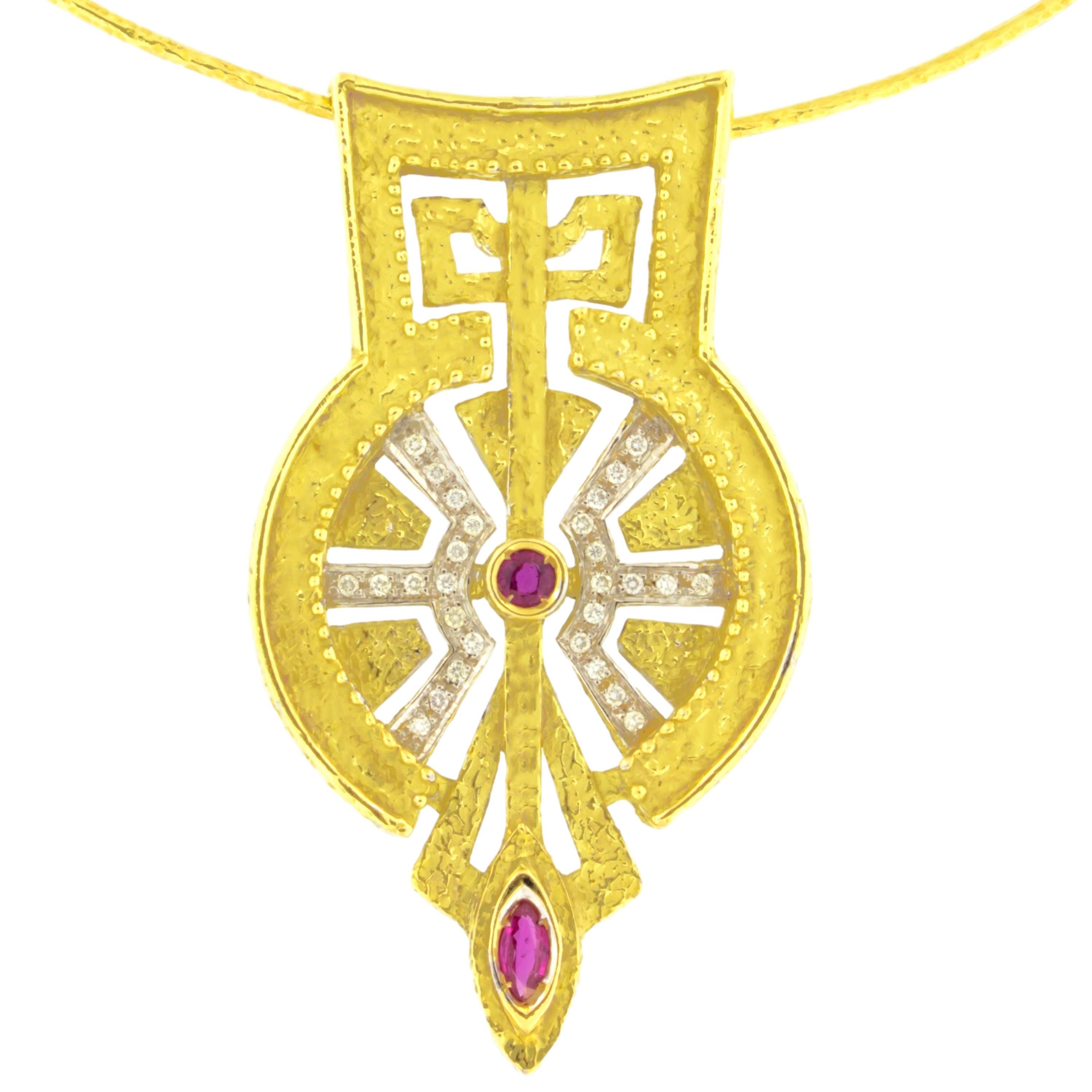 Sacchi "Saint Peter's Square" 18 Karat Yellow Gold Ruby and Diamonds Necklace