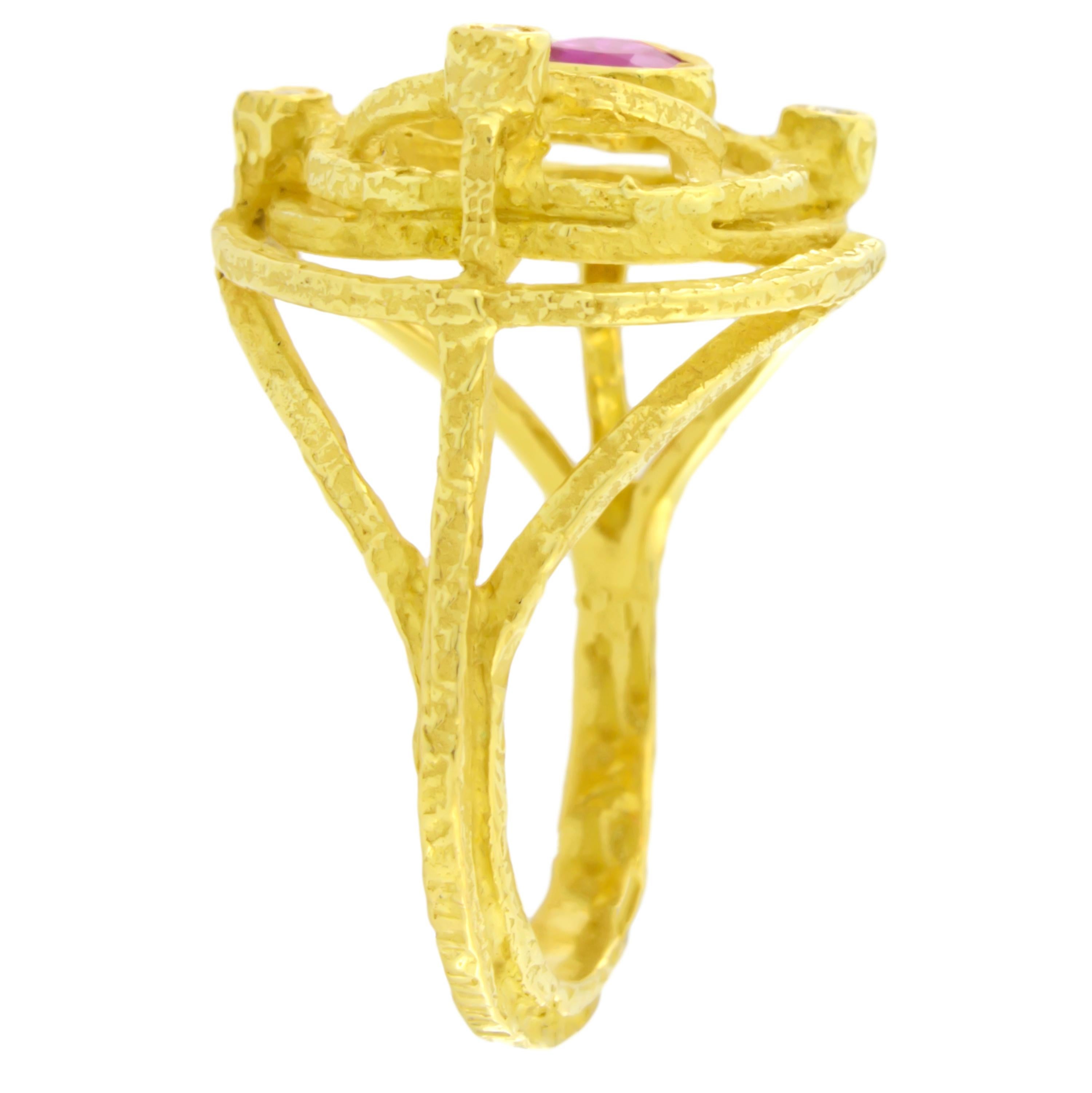 Round Cut Sacchi Small Heart Ruby and Diamonds Gemstone 18 Karat Yellow Gold Cocktail Ring For Sale