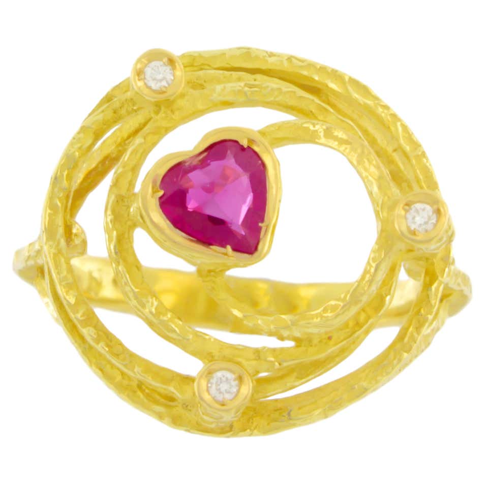 Ruby Small Sacchi Small Heart Ruby and Diamonds Gemstone 18 Karat Yellow Gold ...