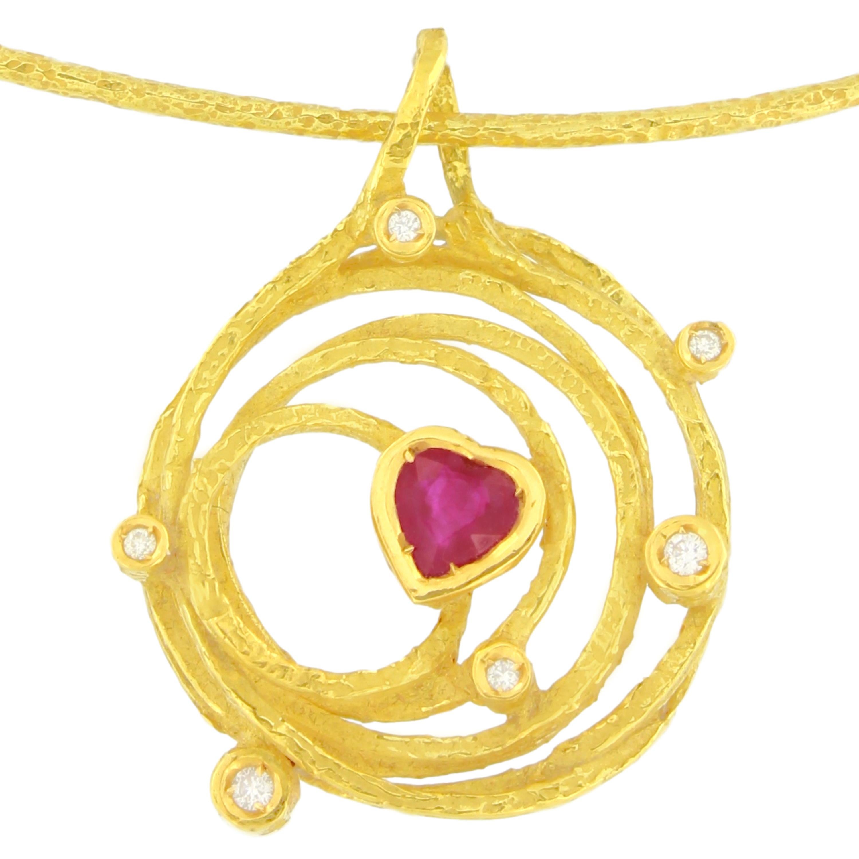 Sacchi "Universe" Heart Ruby and Diamonds Gemstones 18 Karat Yellow Gold Pendant For Sale