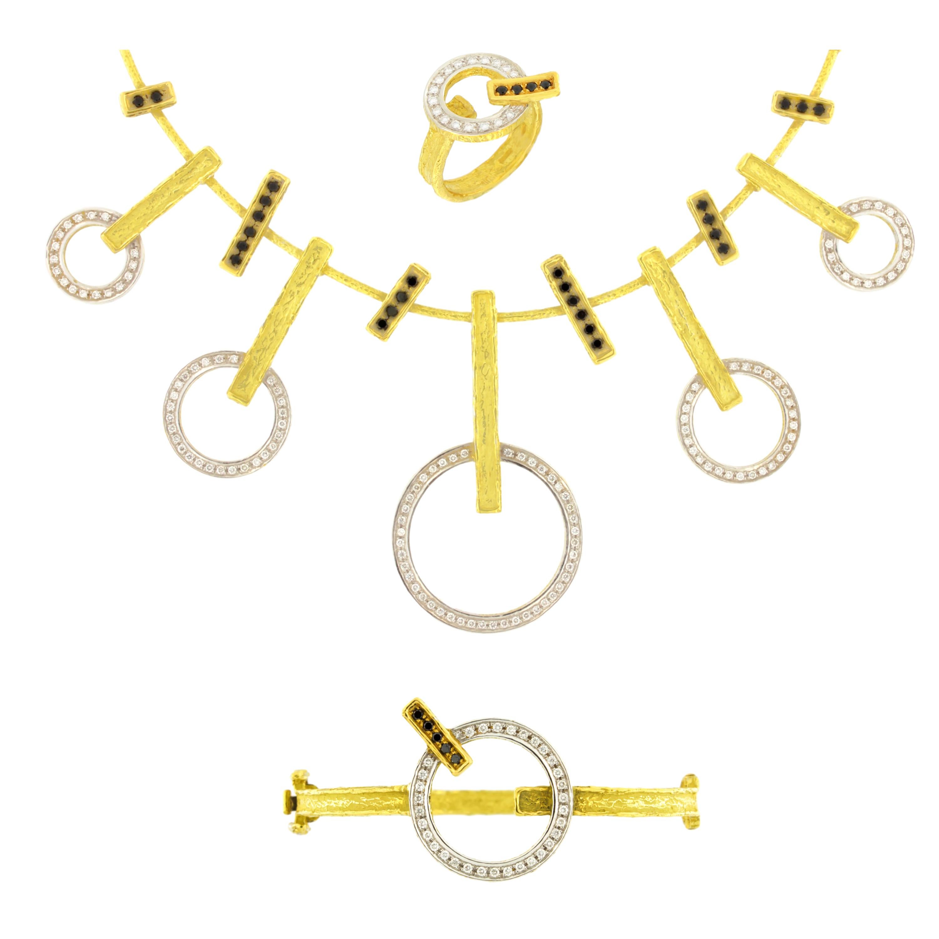Sacchi White and Black Diamonds 18 Karat Yellow Gold Necklace Ring Bracelet Set For Sale