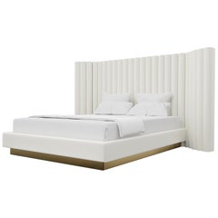 SACHA BED - Modern Bed in Faux White Leather and Polished Bronze Base
