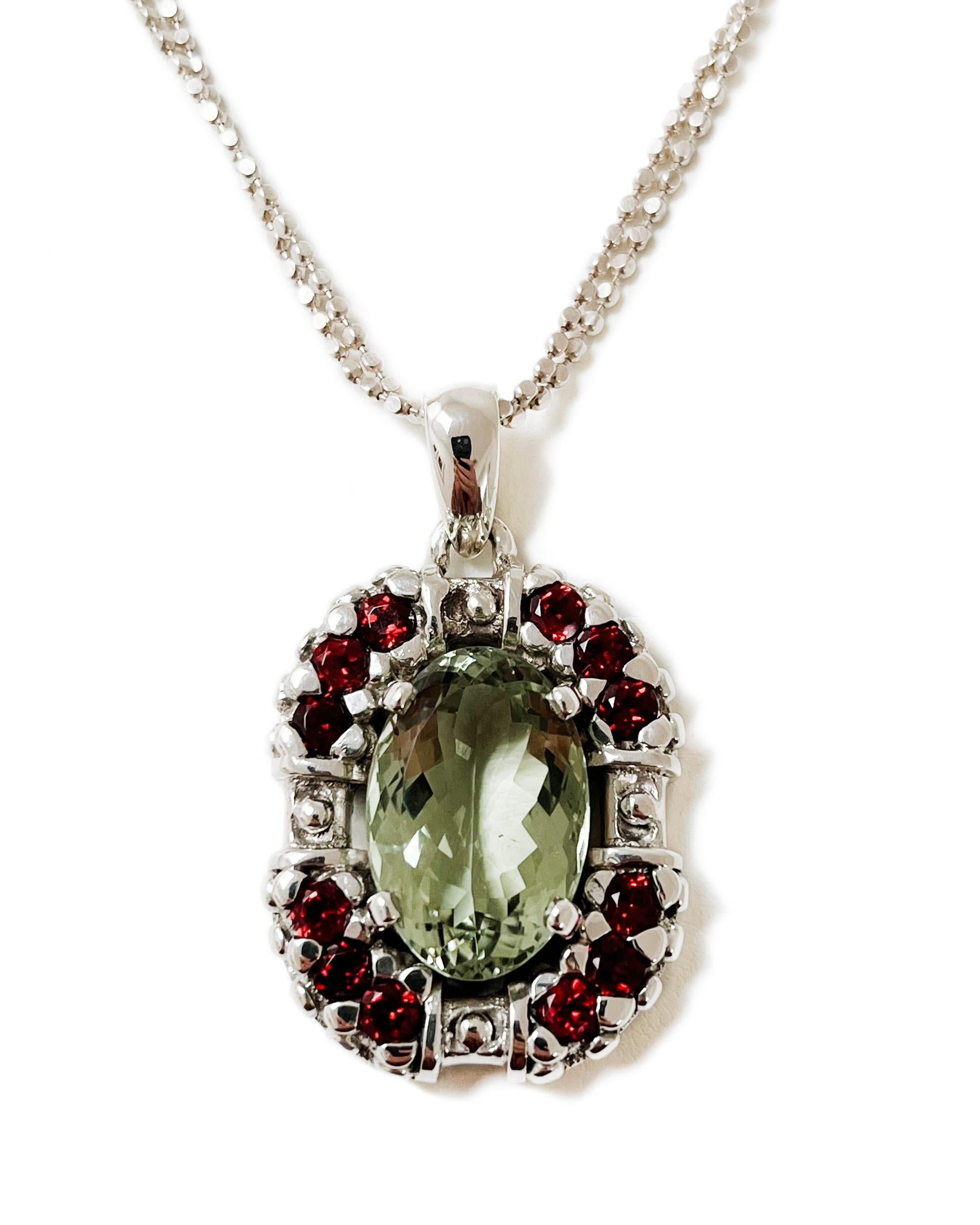 Oval Cut Sacha Pendant Necklace in Prasiolite, Garnet and Argentium Silver