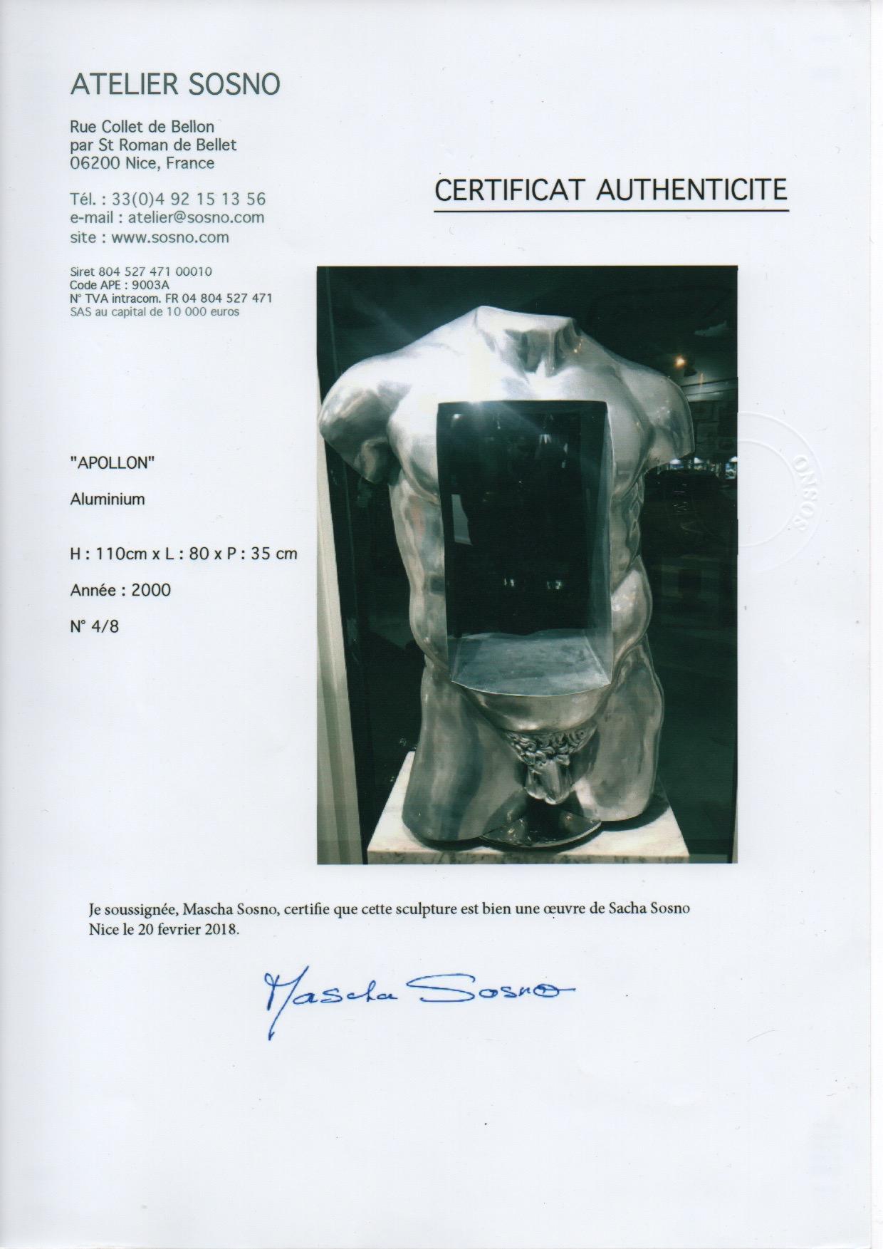Apollon
aluminium sculpture 
certificate of authenticity 
circa 200
number 4/8
110 x 80 x 35
25,000 euros