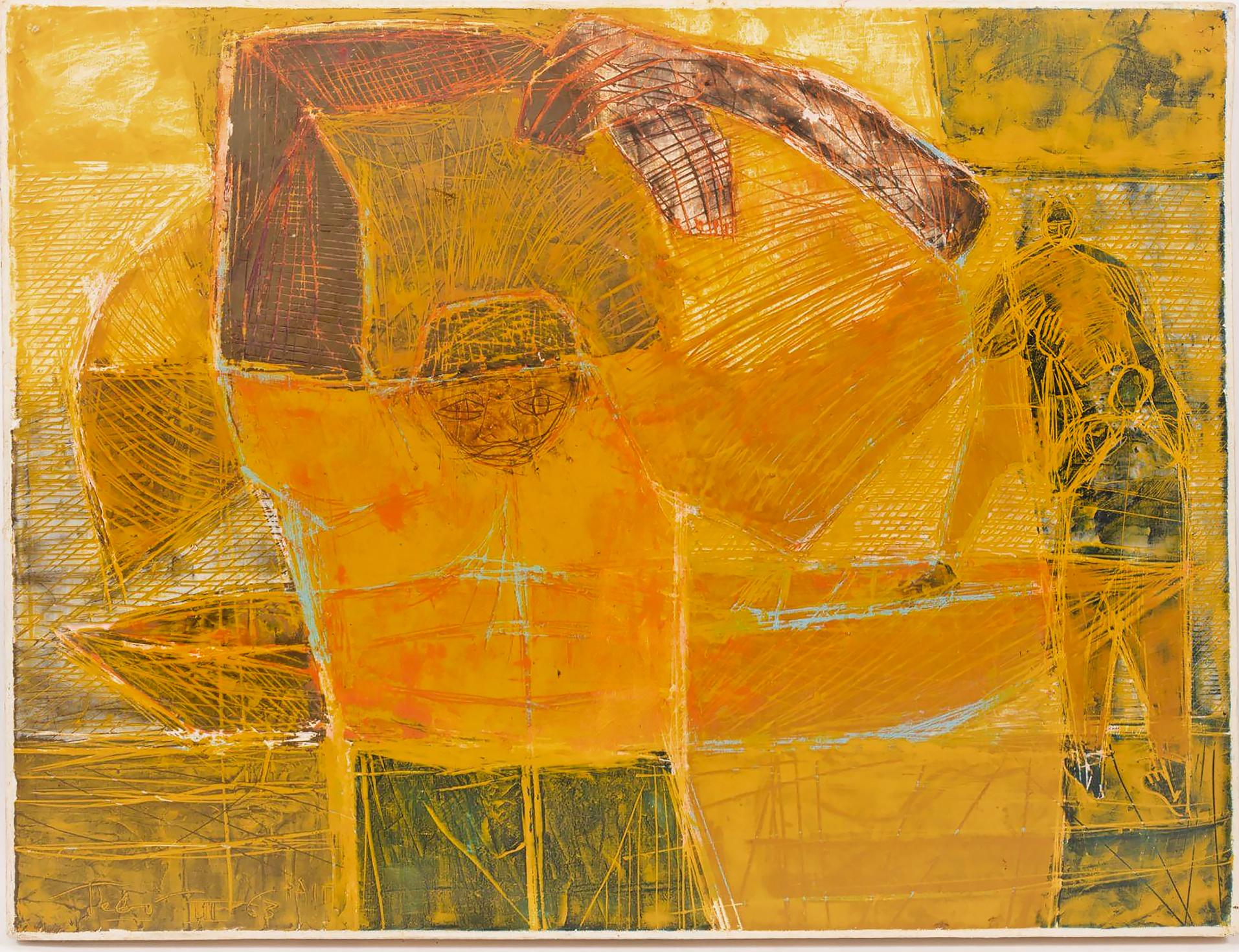 Sacha Thebaud Tebo Figurative Painting - Yellow Ship with Workers Unloading  - Caribbean Art - Encaustic