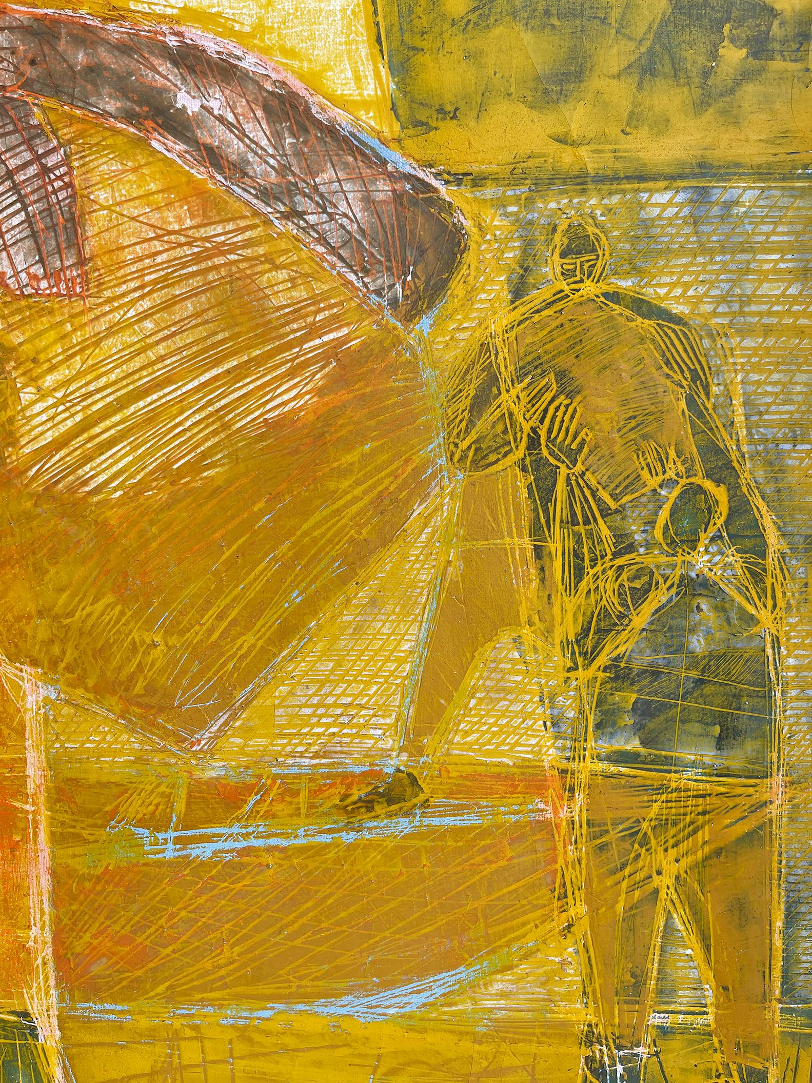 Barco amarillo con trabajadores descargando  - Arte caribeño - Encáustica - Painting de Sacha Thebaud Tebo
