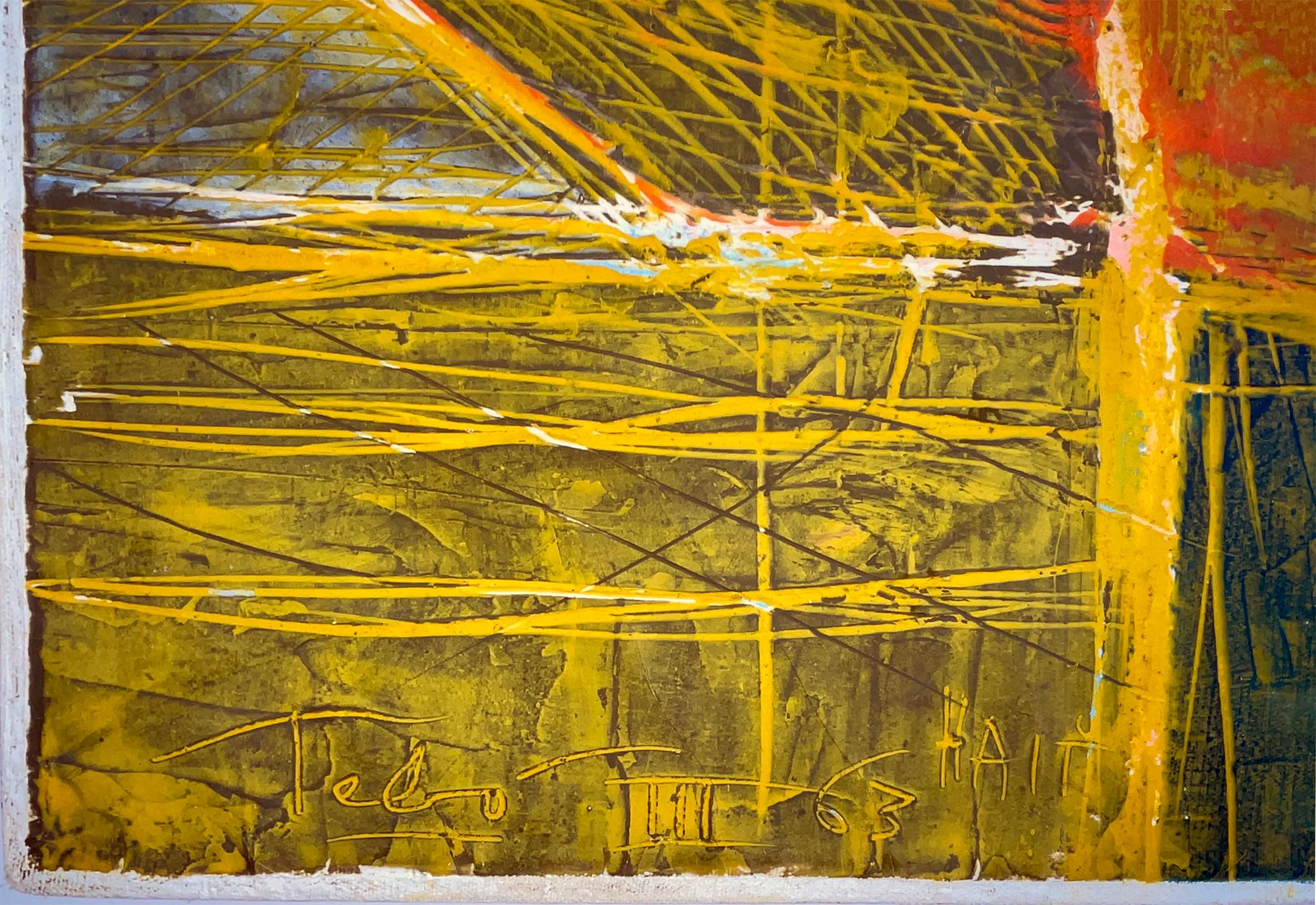 Barco amarillo con trabajadores descargando  - Arte caribeño - Encáustica - Painting Arte marginal de Sacha Thebaud Tebo