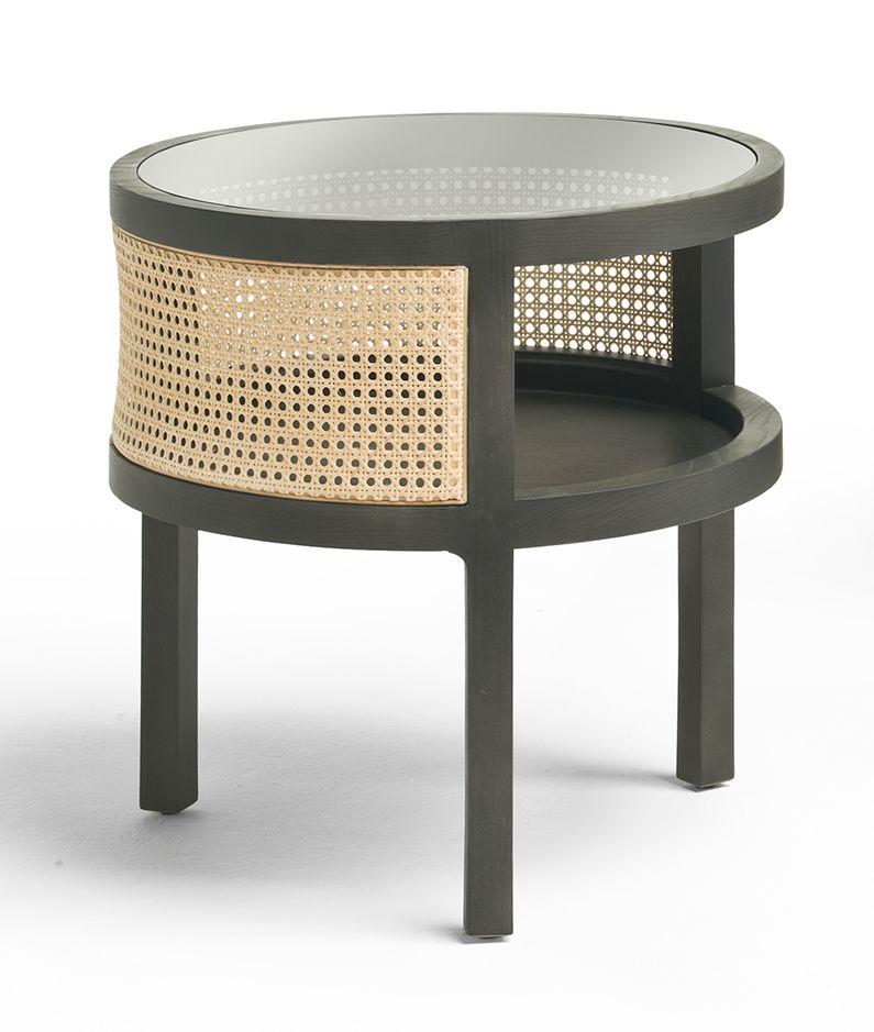 italien Petite table simple canne noire et beige en frêne et plateau en verre fumé SACHER en vente