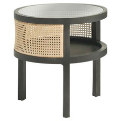 SACHER Small Single Cane Black and Beige Table in Ash Wood and Smoked Glass Top