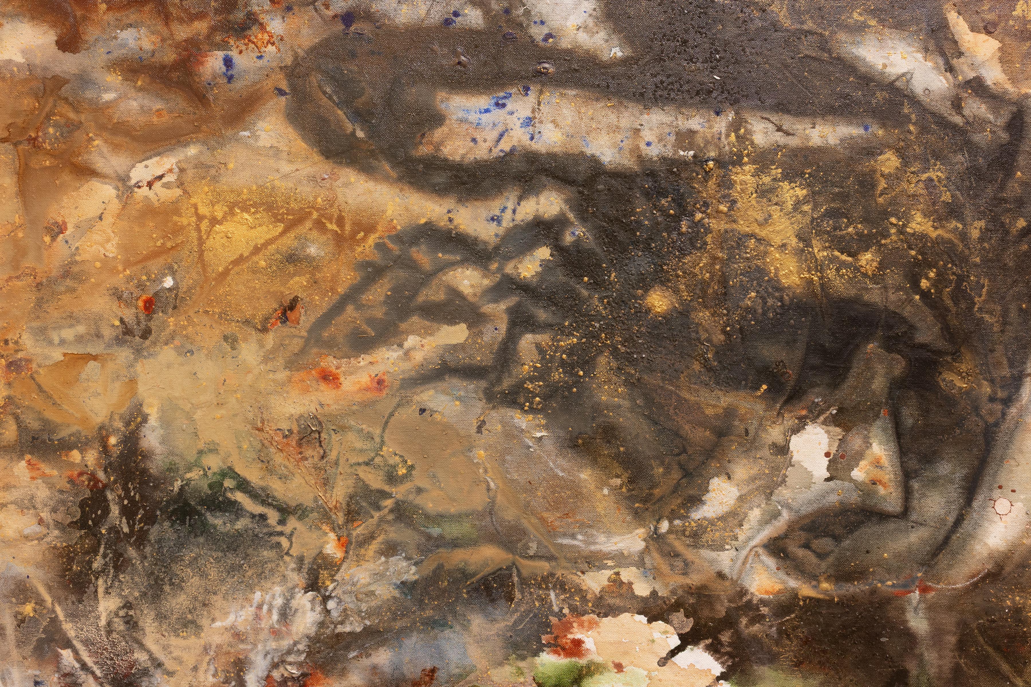 Questo quadro astratto puro di grandi dimensioni presenta sfumature di blu, arancione, marrone e verde. Questo pezzo comprende acrilico, polvere di diamante, argilla rossa e mica su tela.

Sachi Rome si ispira alle opere di Gerhard Richter, Deborah