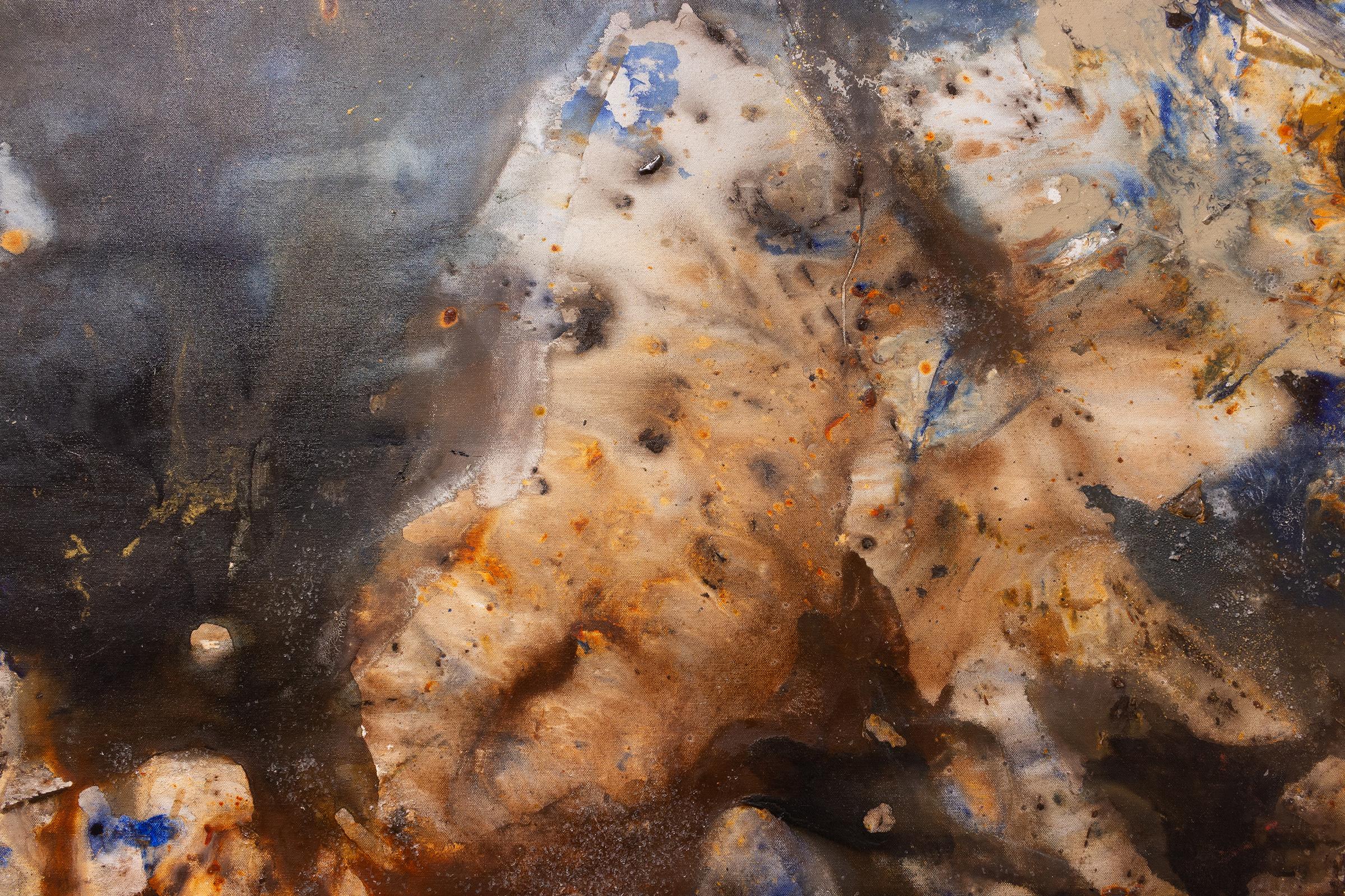 Questo quadro astratto puro di grandi dimensioni presenta sfumature di blu, arancione, marrone e verde. Questo pezzo comprende acrilico, polvere di diamante, argilla rossa e mica su tela.

Sachi Rome si ispira alle opere di Gerhard Richter, Deborah