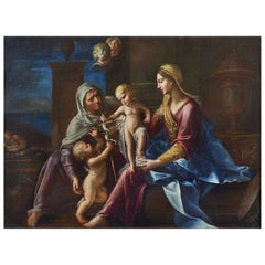 Antique Sacra Famiglia, Francesco Cozza 17th Century Oil on Canvas Religious Painting