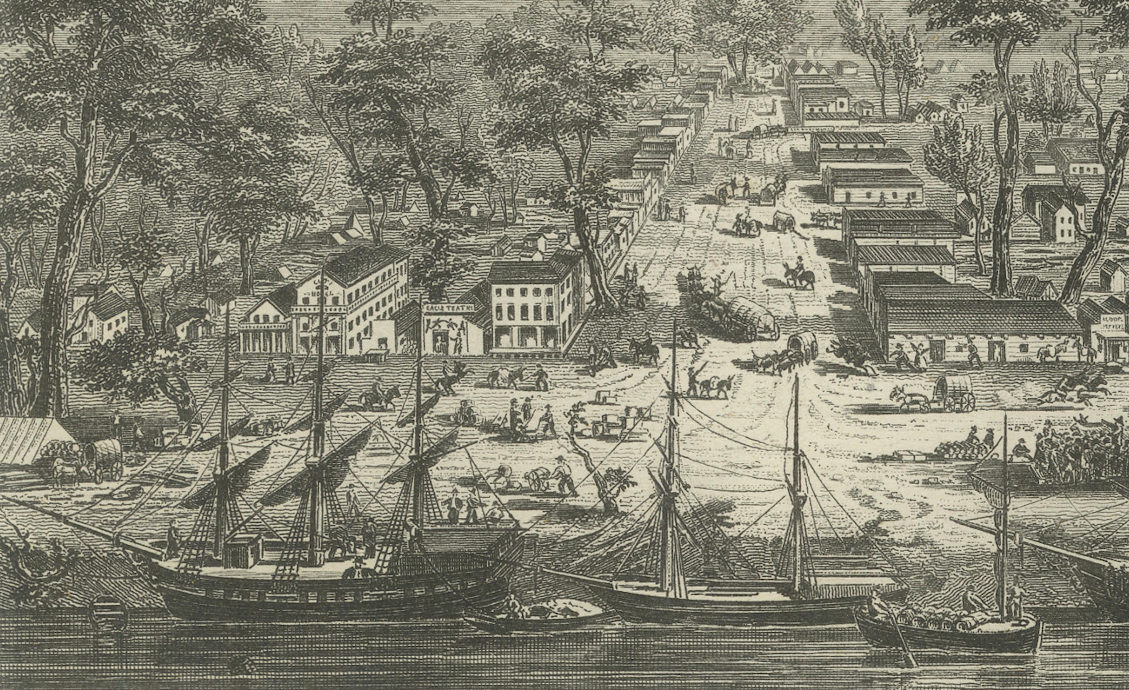 Sacramento City California – Antique Gold Rush Port Steel Engraving, ca.1850