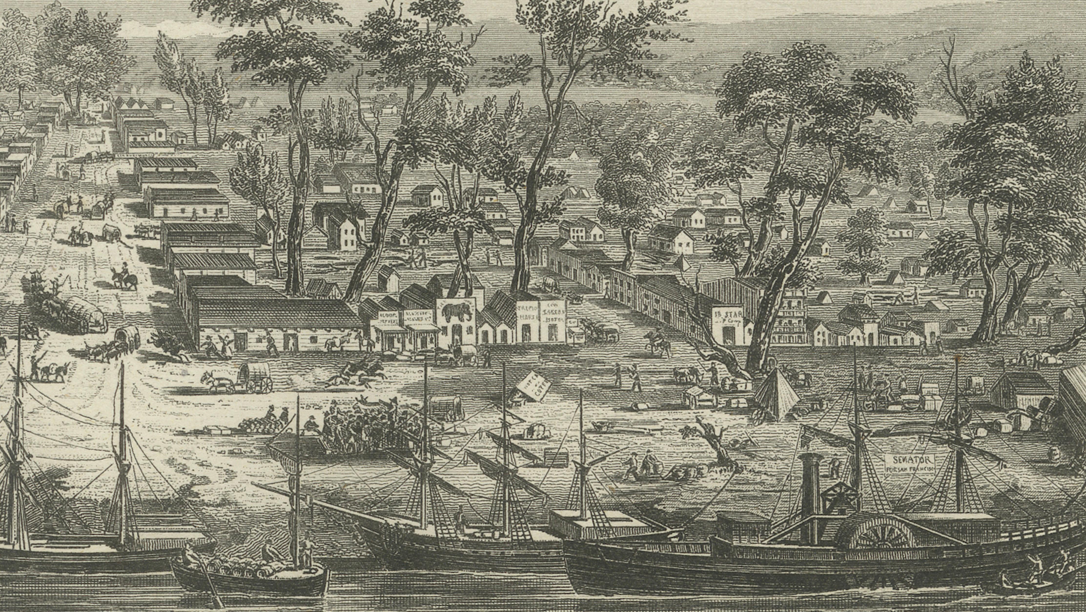 Sacramento City California – Antique Gold Rush Port Steel Engraving, ca.1850