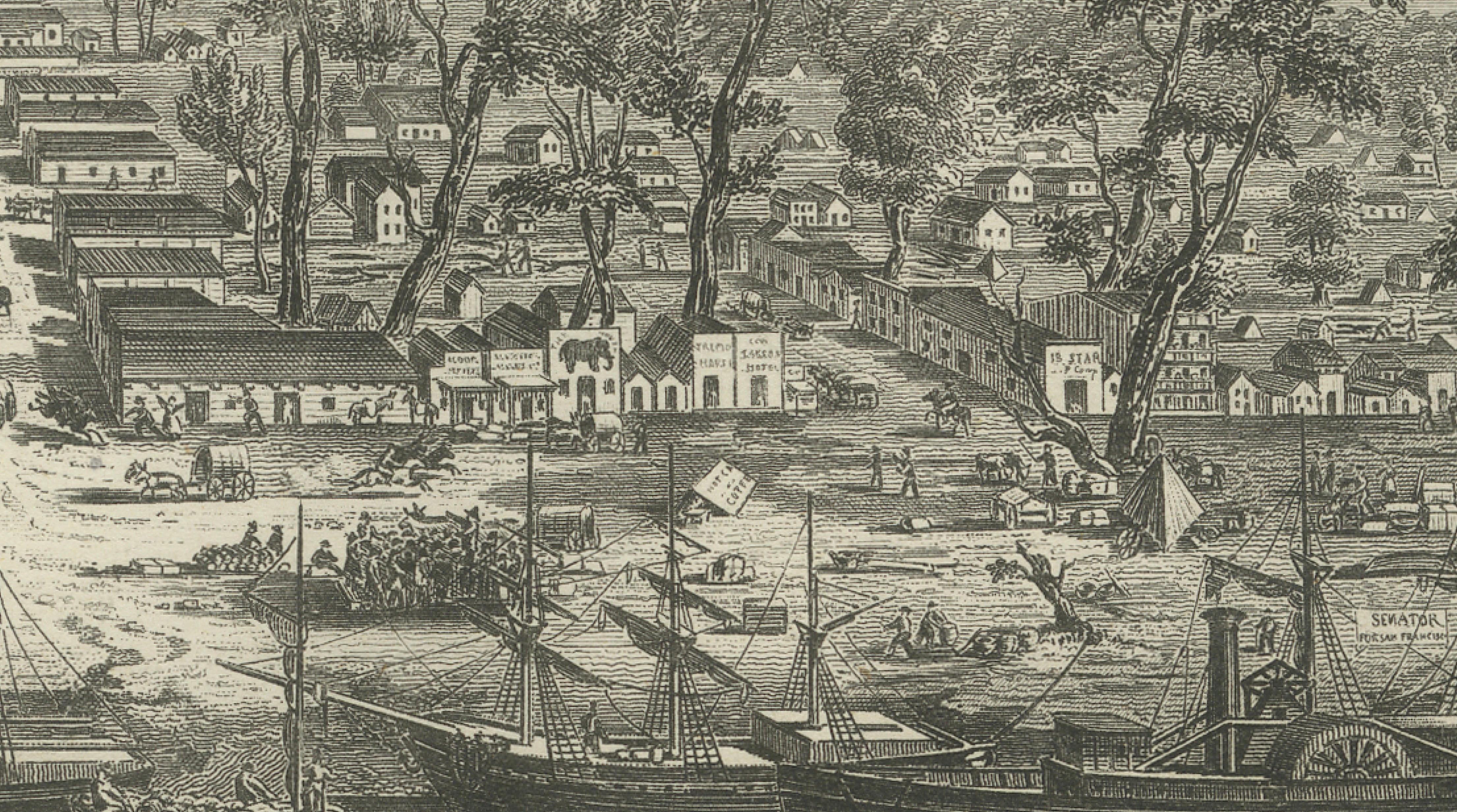 Sacramento City California – Antique Gold Rush Port Steel Engraving, ca.1850
