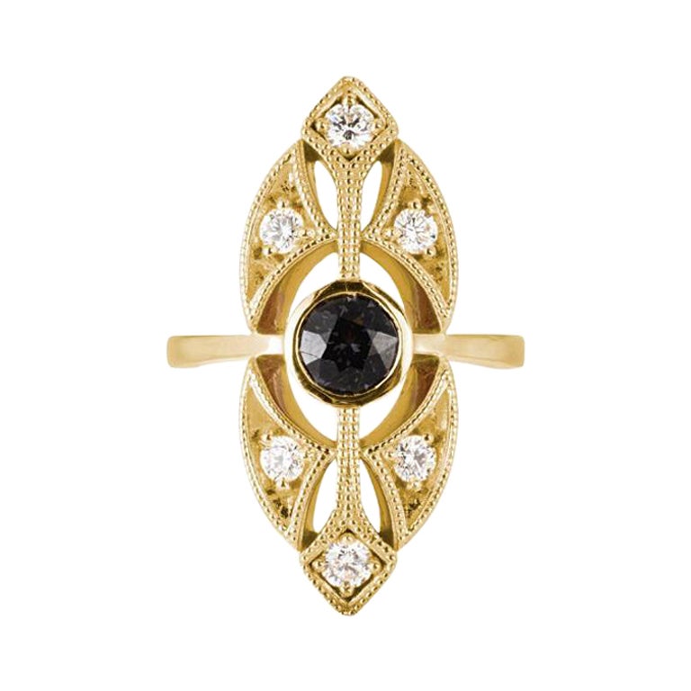 Sacred Geometry 14K Gold Thai Grey Spinel Diamond Ring by Viviana Langhoff For Sale
