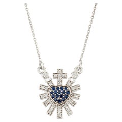 Sacred Heart Blue Sapphire & Diamond Sunburst Pendant Necklace in 14K White Gold