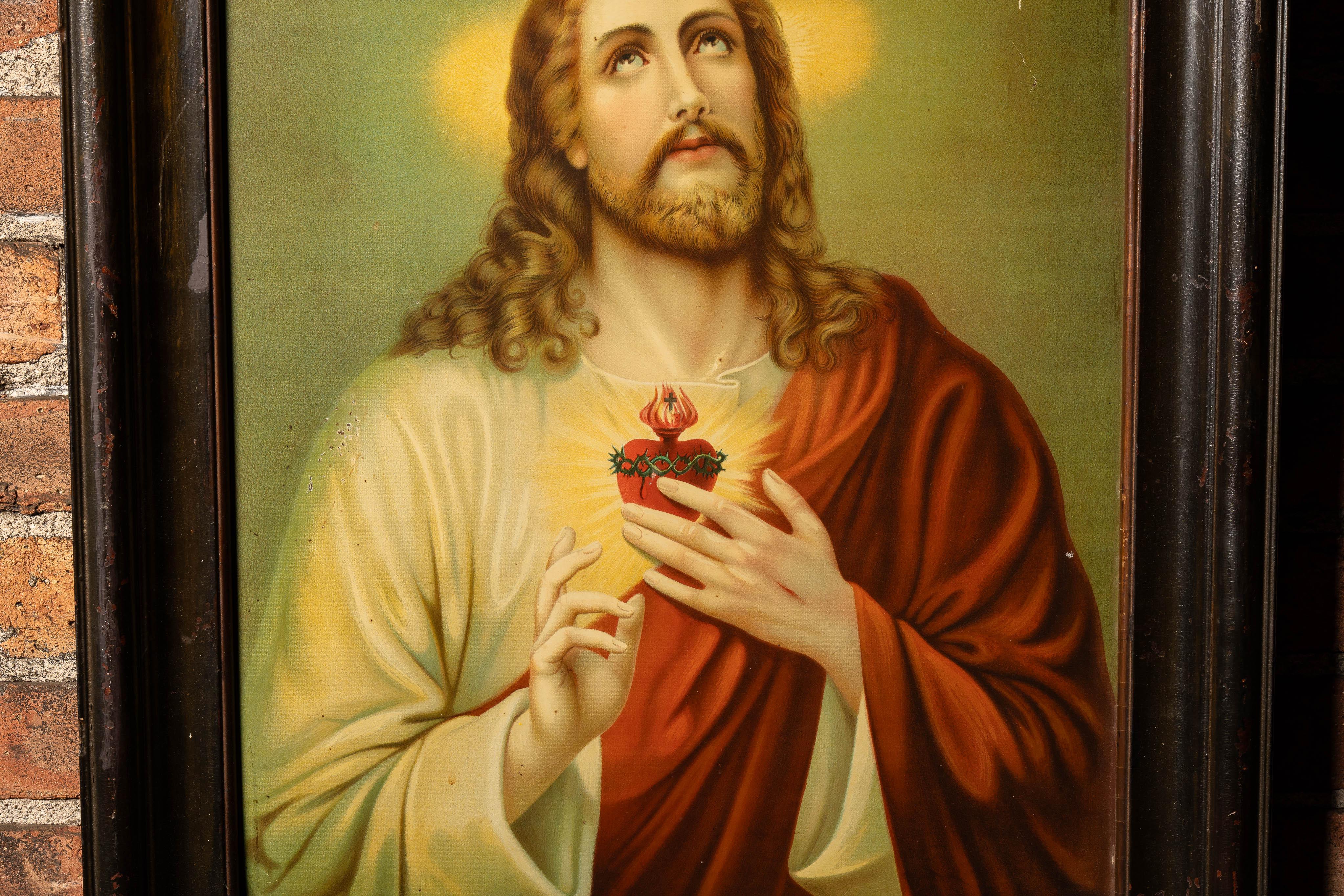 Néo-Renaissance Sacré-Cœur  Gravure sur étain du Christ encadrée en vente