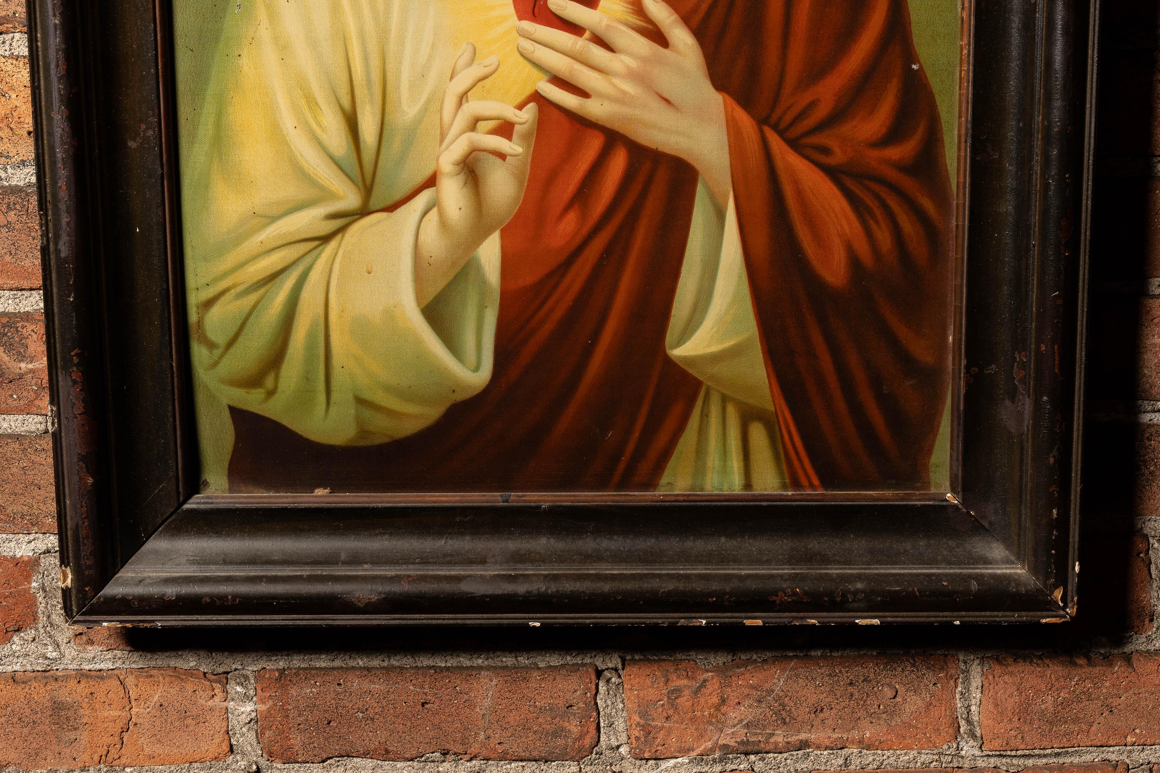 Américain Sacré-Cœur  Gravure sur étain du Christ encadrée en vente