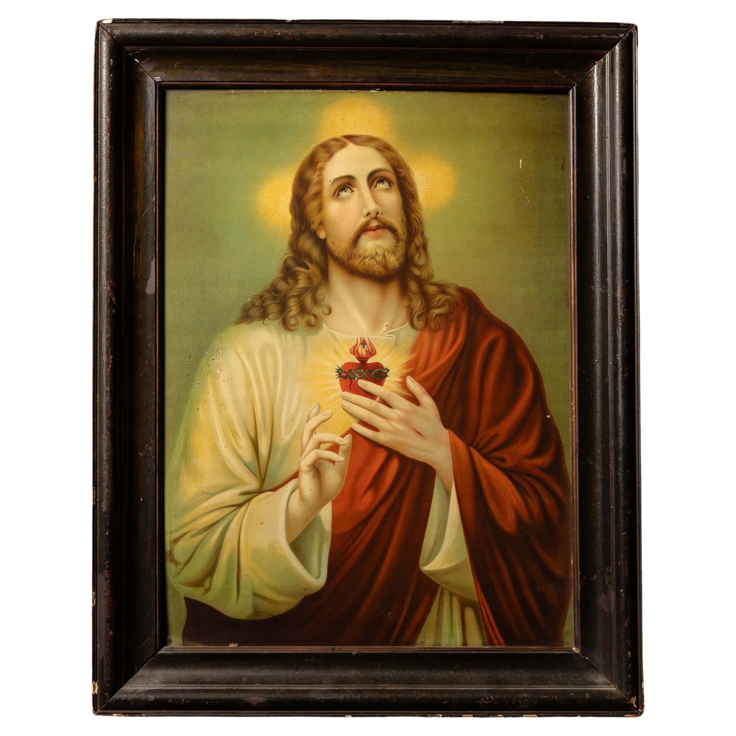 Sacré-Cœur  Gravure sur étain du Christ encadrée en vente
