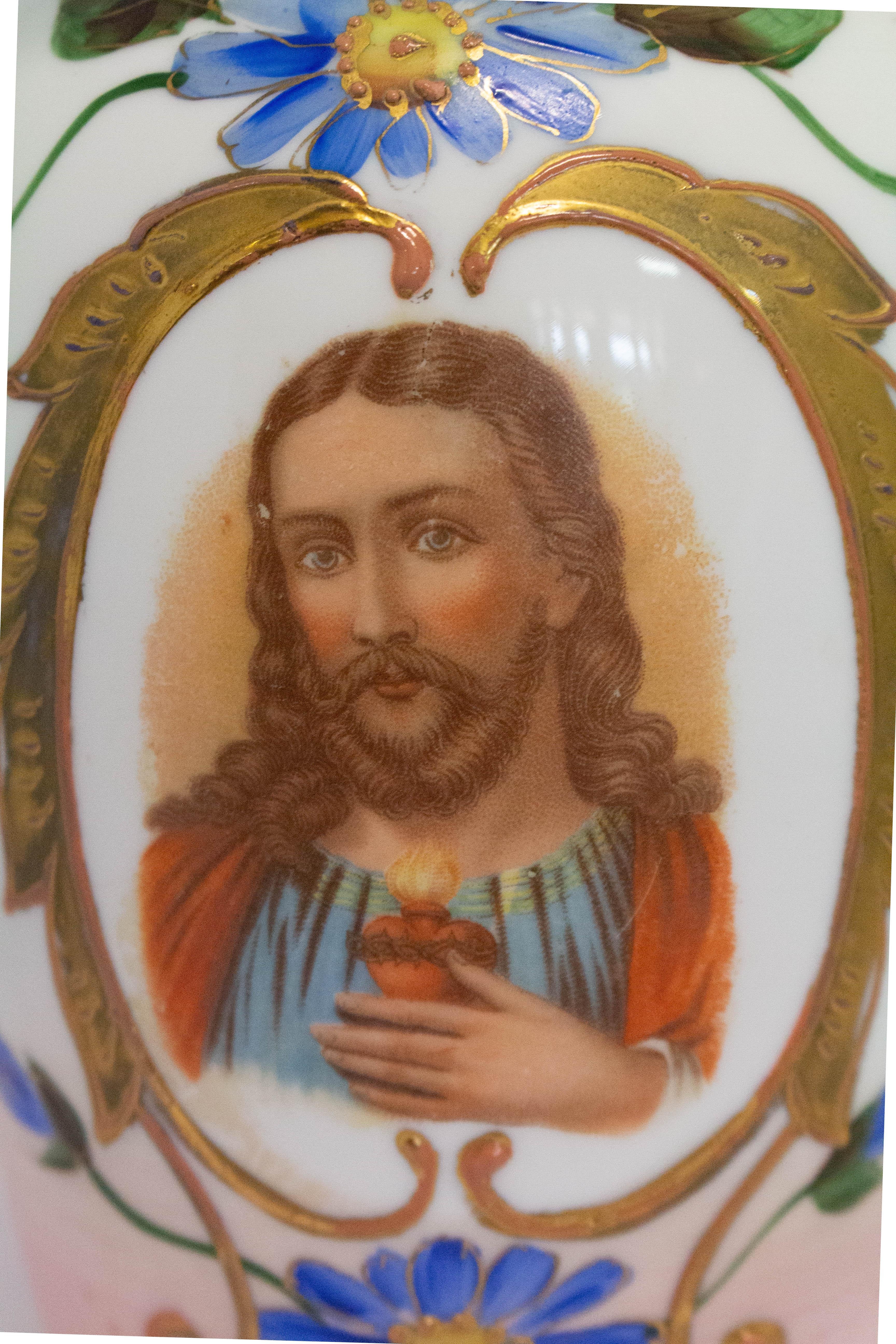 Empire Revival Sacred Heart French Opaline Vase, Late 19th Century For Sale