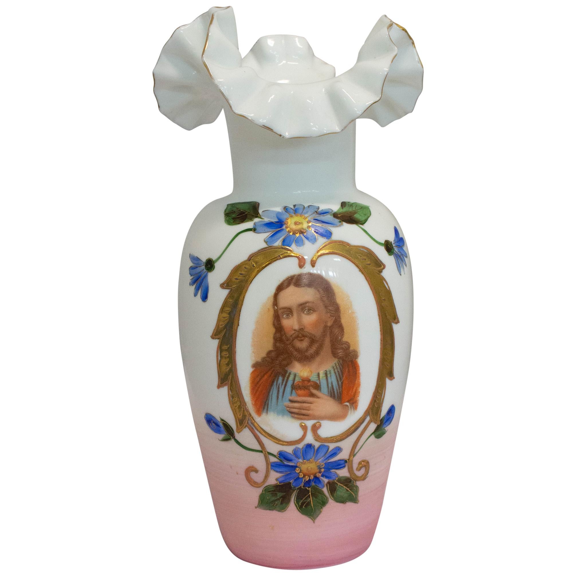 Sacred Heart French Opaline Vase, Late 19th Century