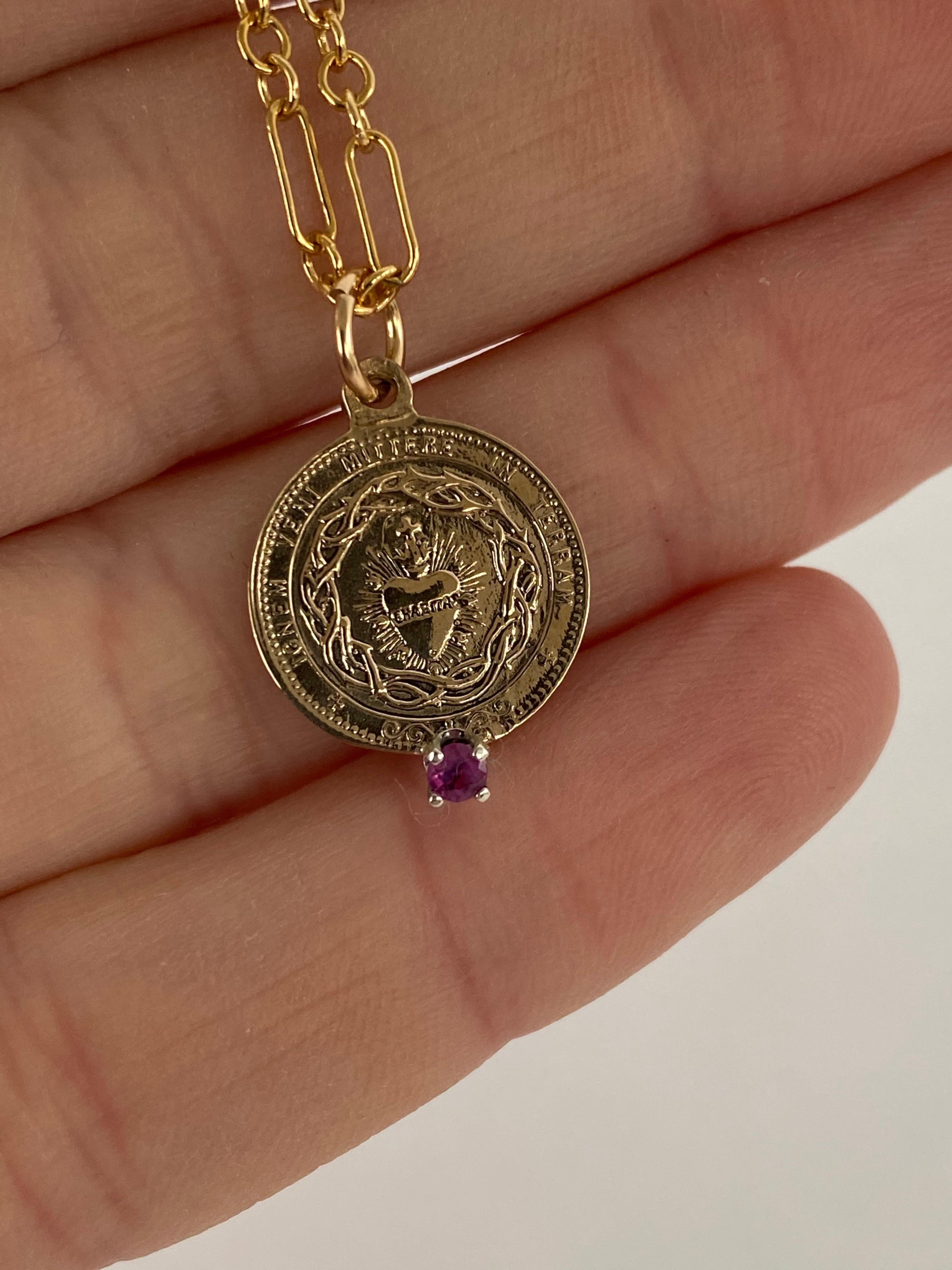 Victorian Sacred Heart Medal Chain Necklace Pink Tourmaline For Sale