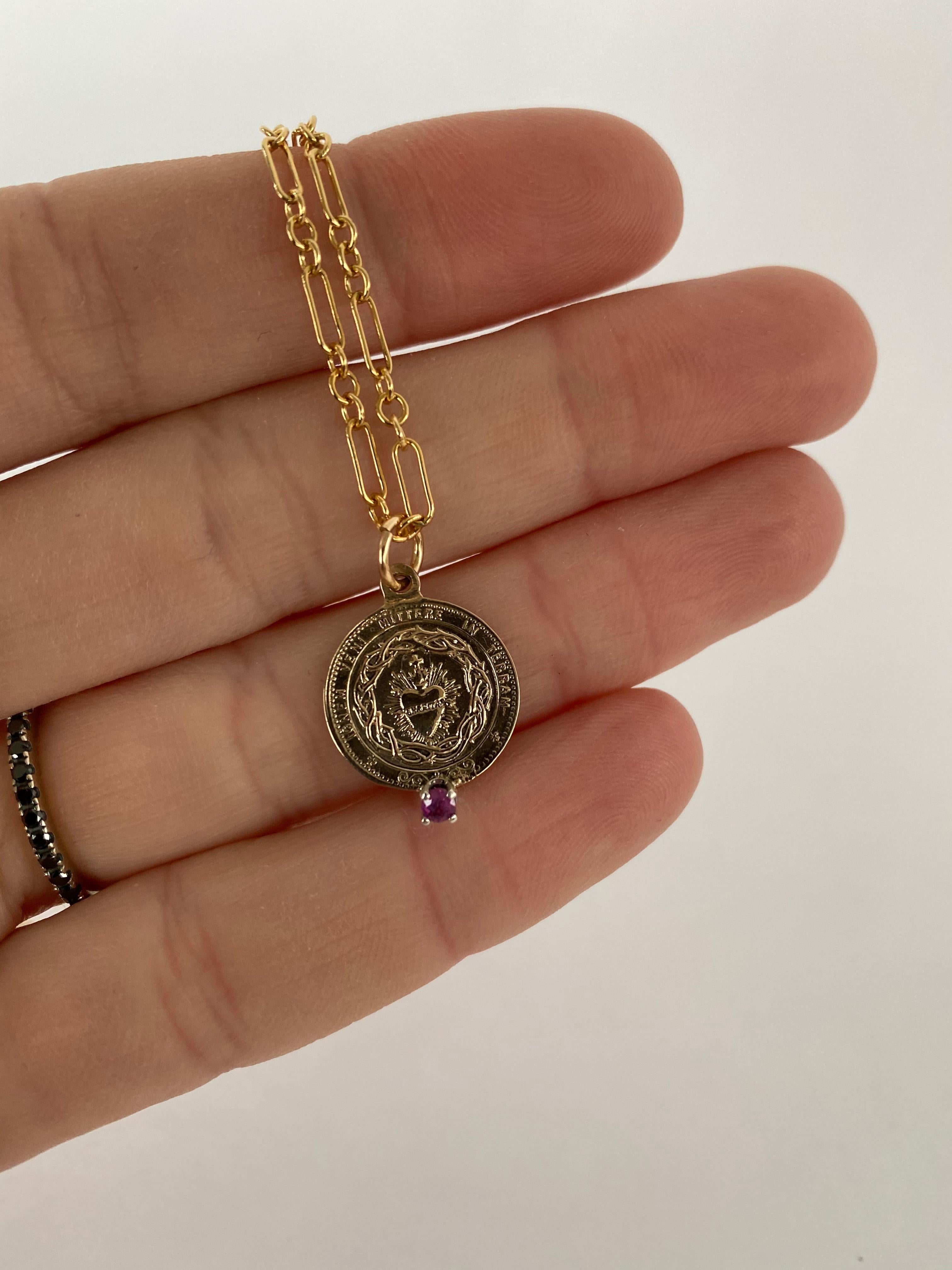 Brilliant Cut Sacred Heart Medal Chain Necklace Pink Tourmaline For Sale