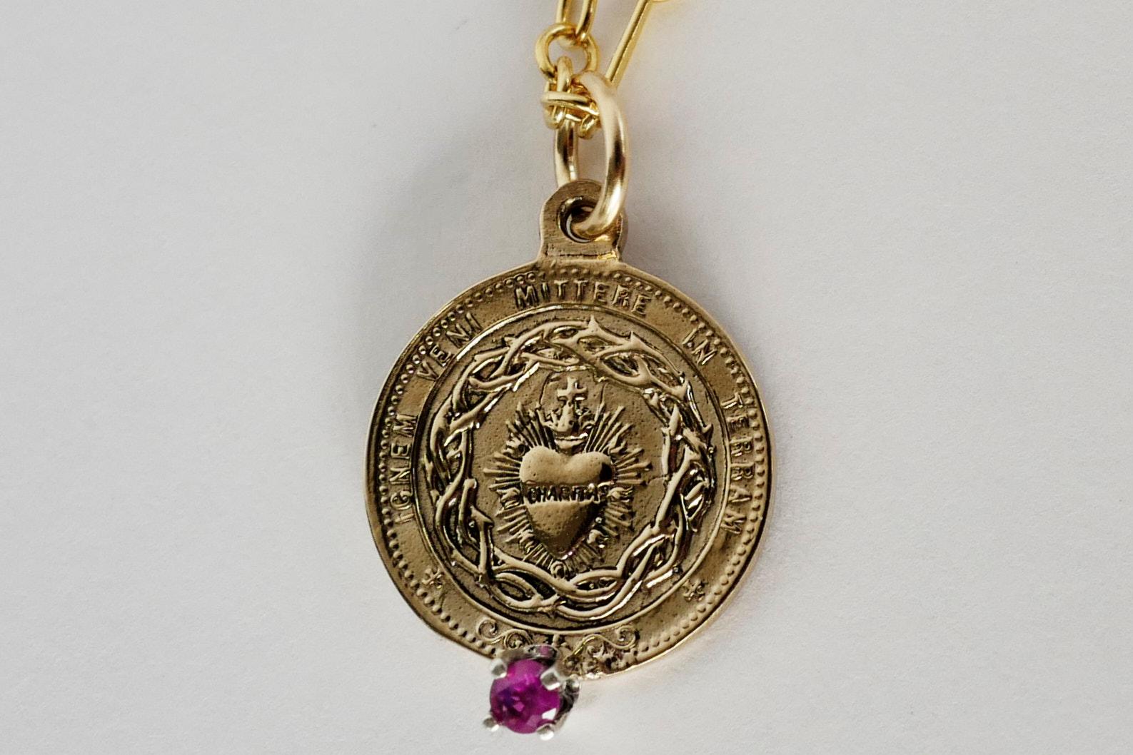 Sacred Heart Medal Chain Necklace Pink Tourmaline In New Condition For Sale In Los Angeles, CA