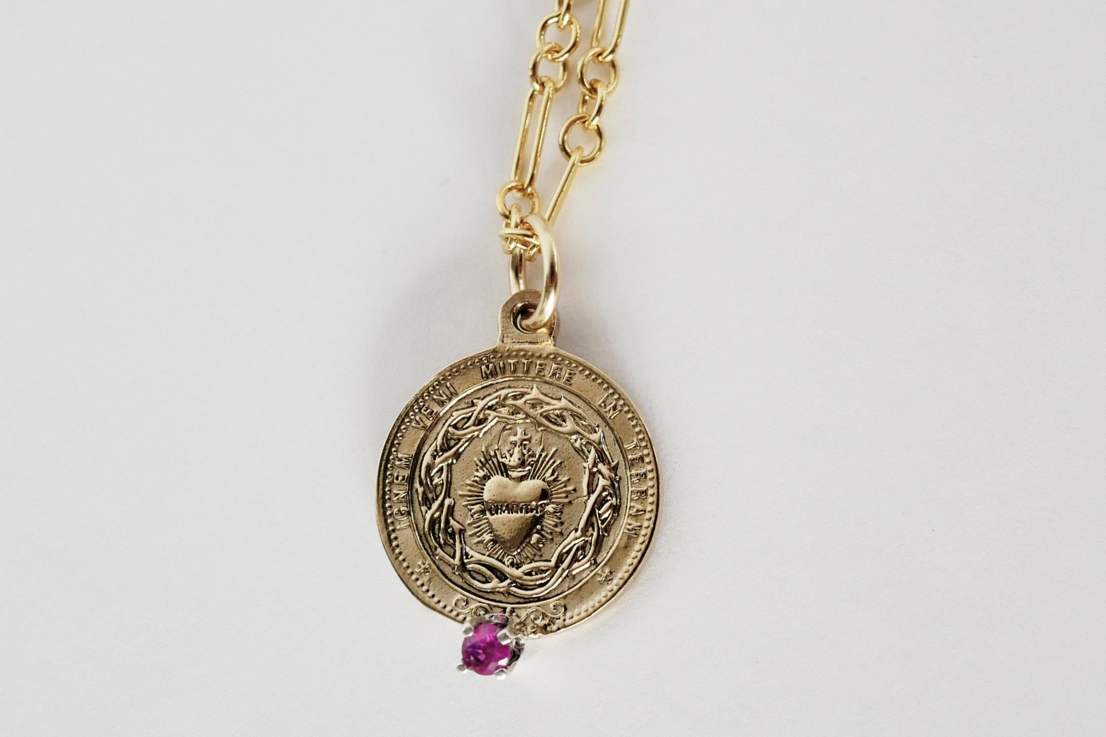 Women's Sacred Heart Medal Chain Necklace Pink Tourmaline For Sale
