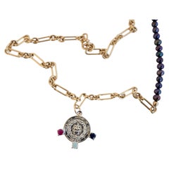 Sacred Heart Medal Necklace Black Pearl Pink Tourmaline Opal Silver
