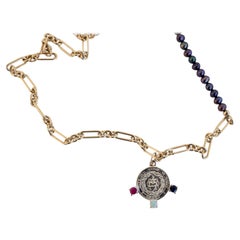 Sacred Heart Medal Necklace Black Pearl Pink Tourmaline Opal Silver
