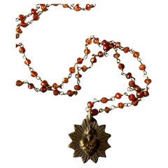 Sacred Heart Medal Rosario Necklace Carnelian