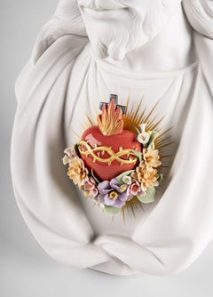 Sacred Heart of Jesus Bust Christian Luxury White Sculpture Gold Luster - Floral