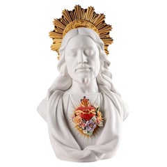 Sacred Heart of Jesus Bust Christian Luxury White Sculpture Gold Luster - Floral