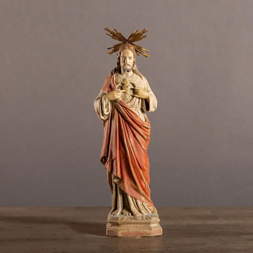 Dipinto a mano Sacro Cuore con aureola, misura media, stile XIX secolo in vendita