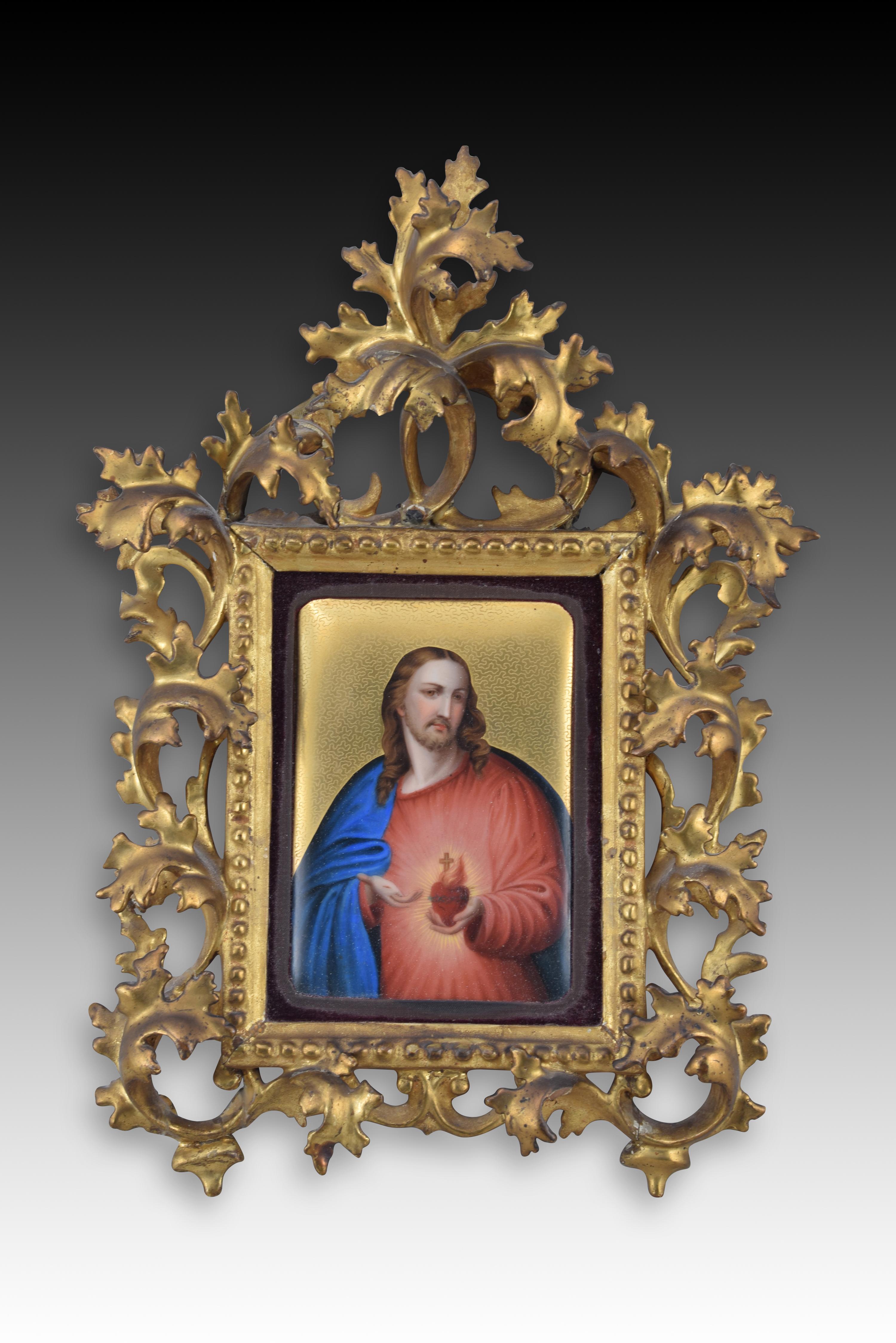Neoclassical Revival Sacred Hearts of Jesus and Mary. Enamel, wood. Spanish school, 19th century.  For Sale