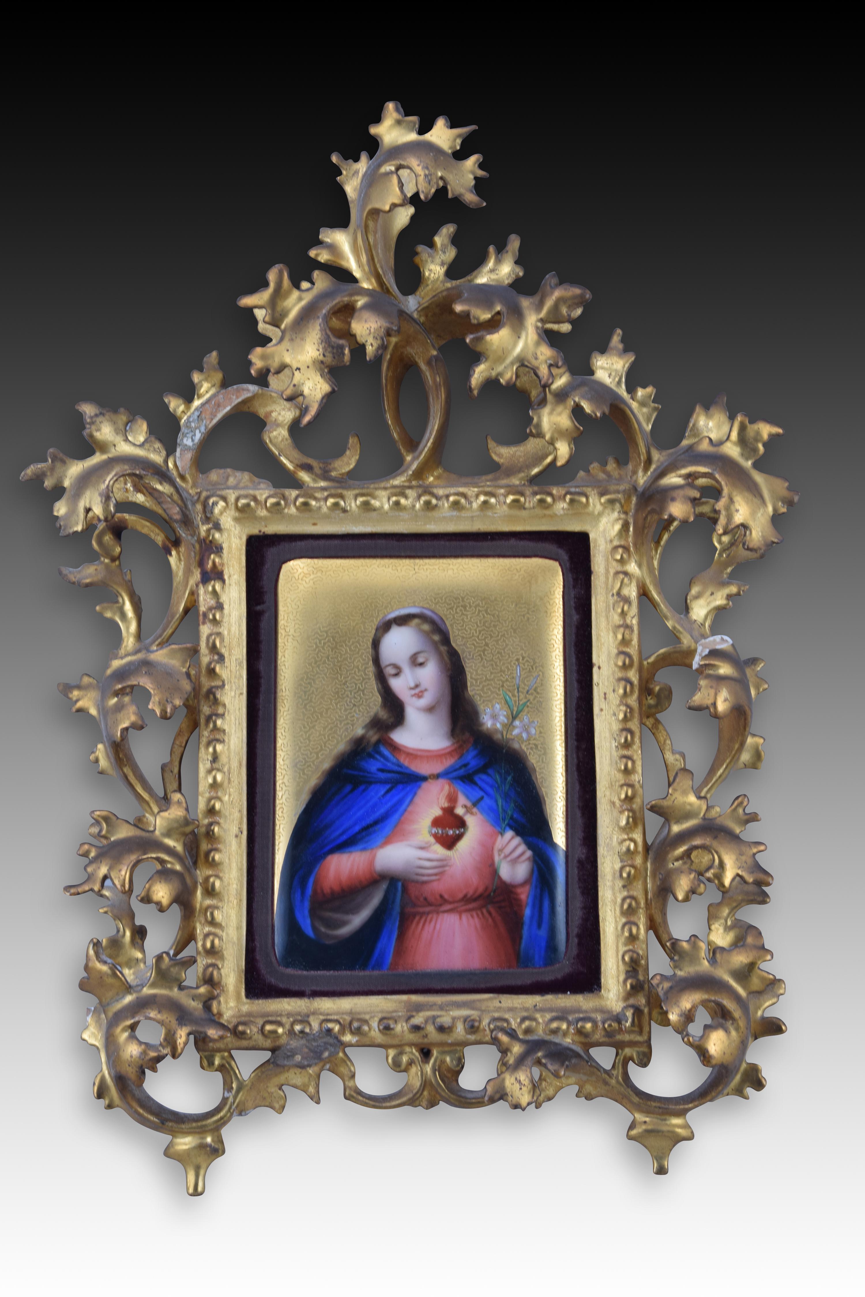 19th Century Sacred Hearts of Jesus and Mary. Enamel, wood. Spanish school, 19th century.  For Sale