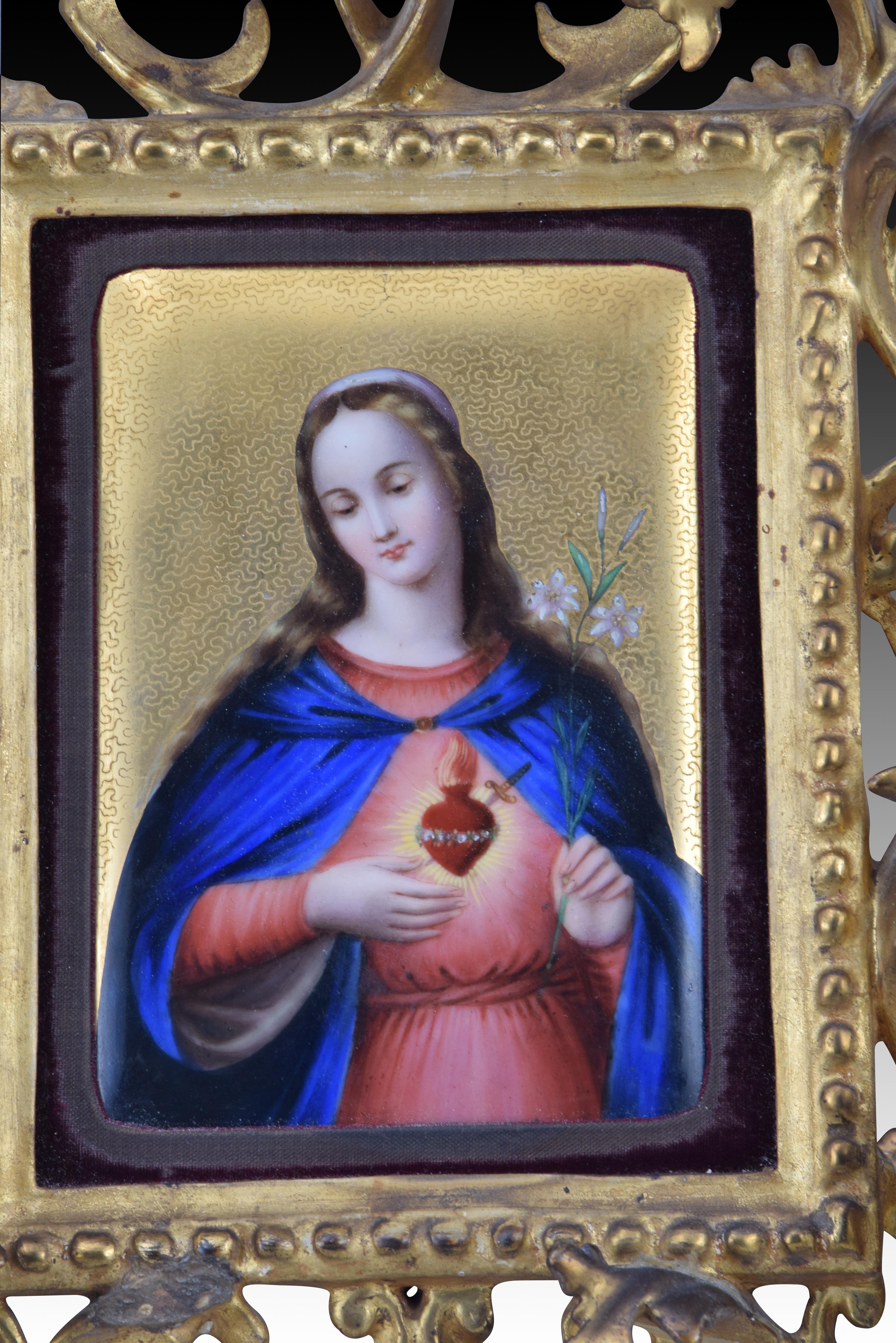 Sacred Hearts of Jesus and Mary. Enamel, wood. Spanish school, 19th century.  For Sale 1
