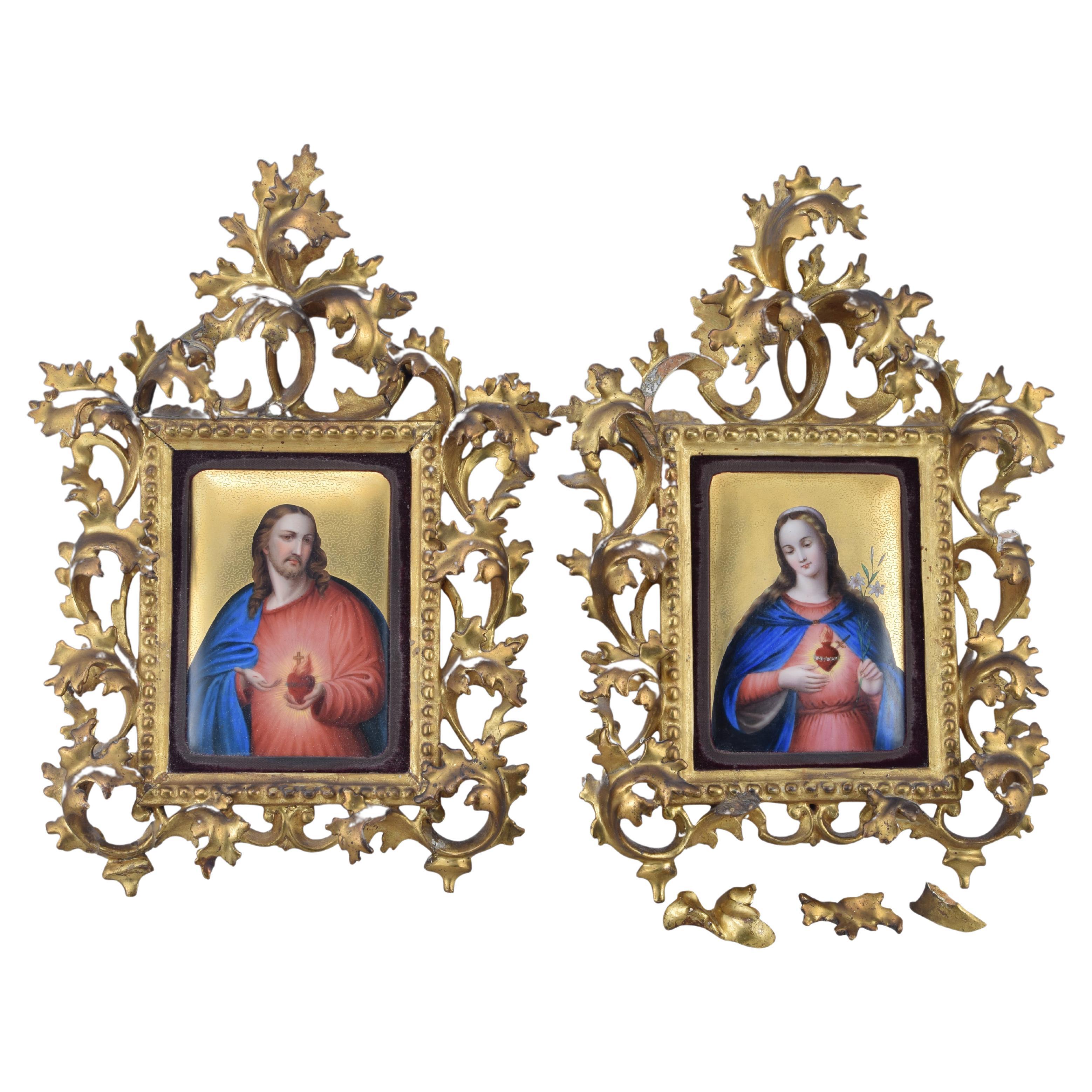 Sacred Hearts of Jesus and Mary. Enamel, wood. Spanish school, 19th century.  For Sale