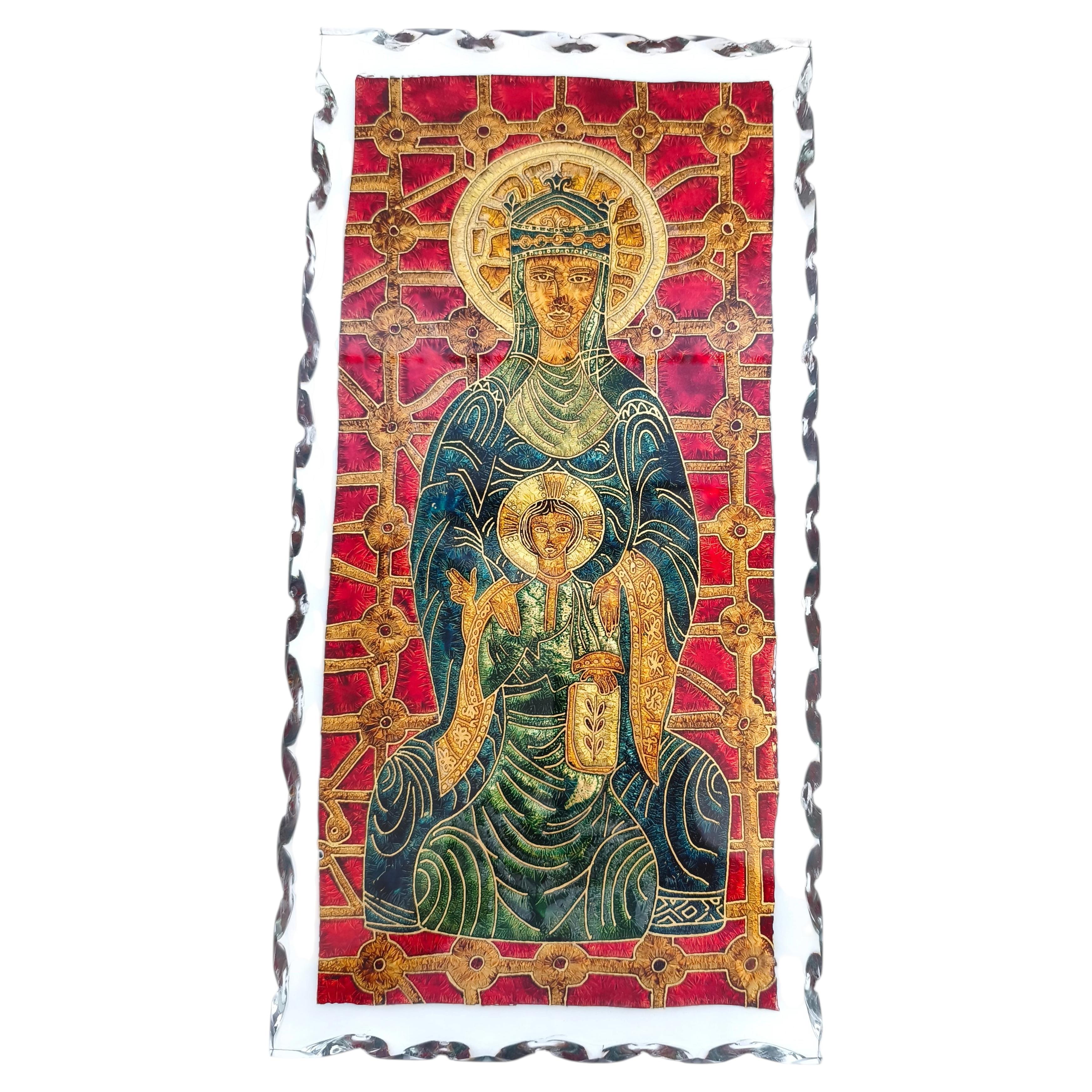 Sacred Image Hammered Glass Panel in the style of Fontana Arte, Italy For Sale