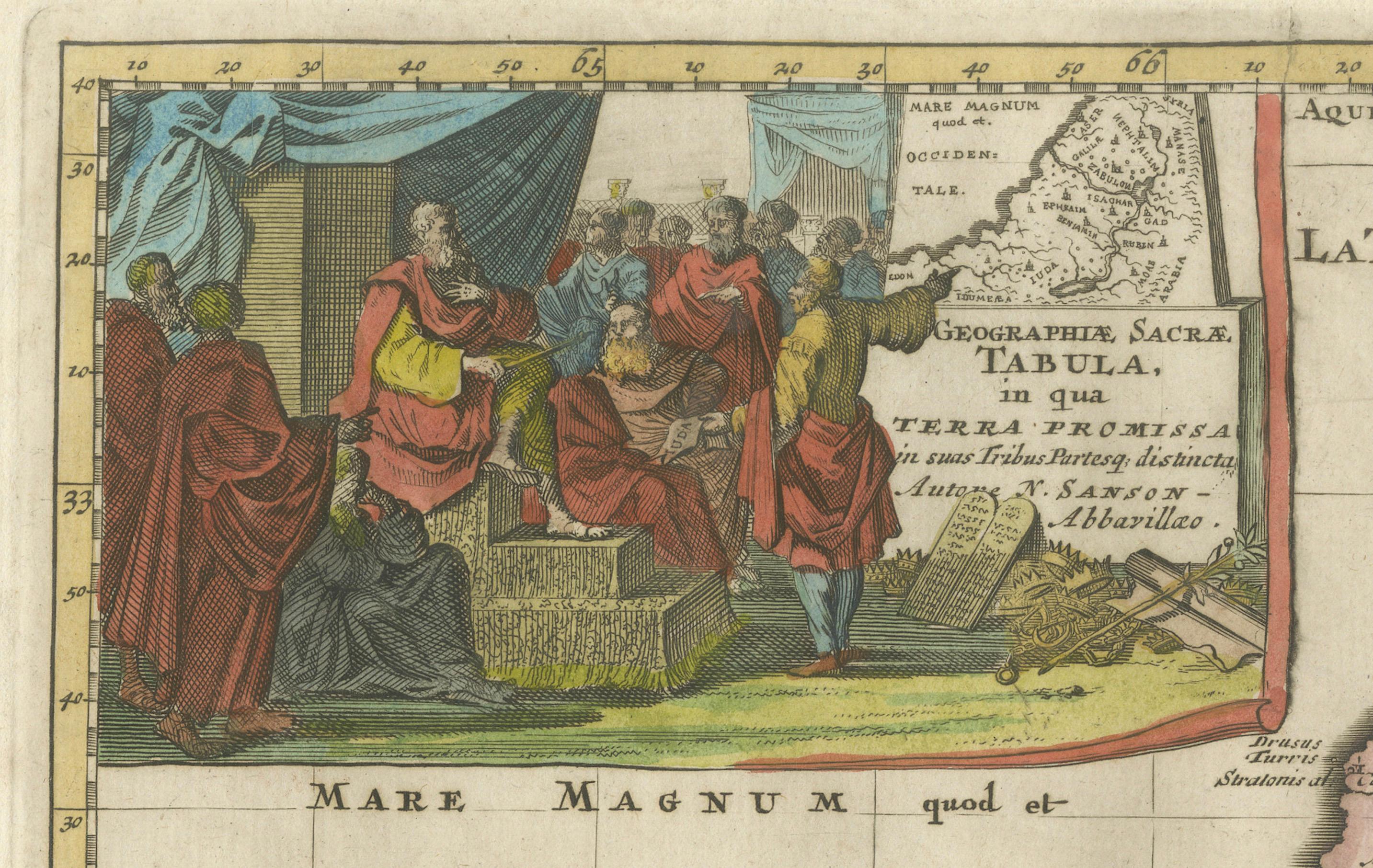 Mapa sagrado de la Tierra Prometida, Doce Tribus de Israel, Sanson, 1705 Grabado