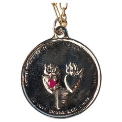 Sacred Twin Heart Medal Pendant Personalized Initial Solid 14K Gold