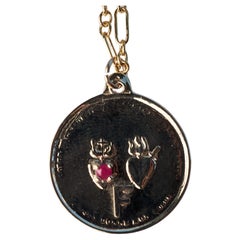 Sacred Twin Heart Medal Pendant Personalized Initial Solid 14K Gold