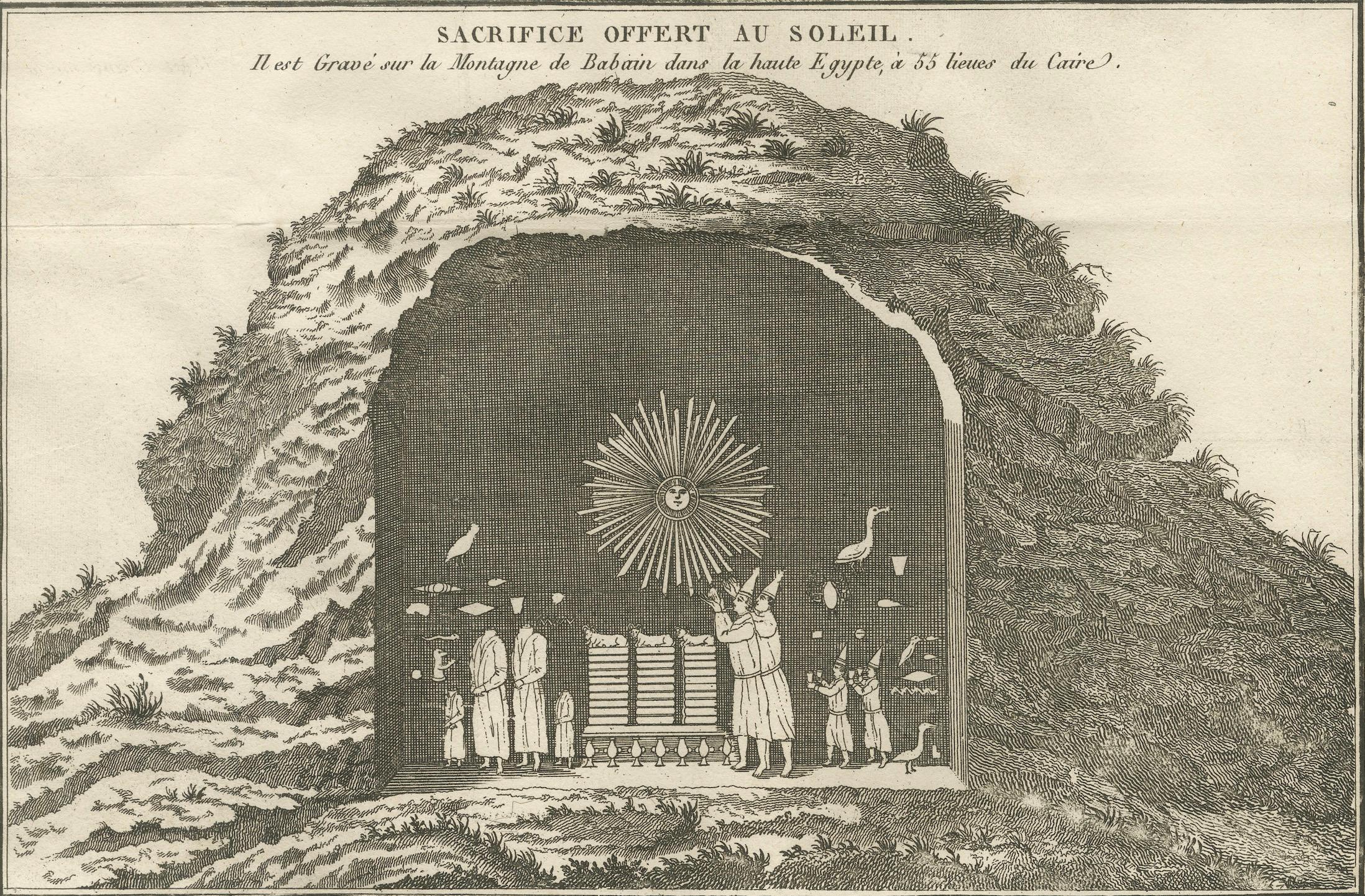 Der Sonne geopfert - Antiker Kupferstich, Oberägypten, um 1790 im Zustand „Gut“ im Angebot in Langweer, NL